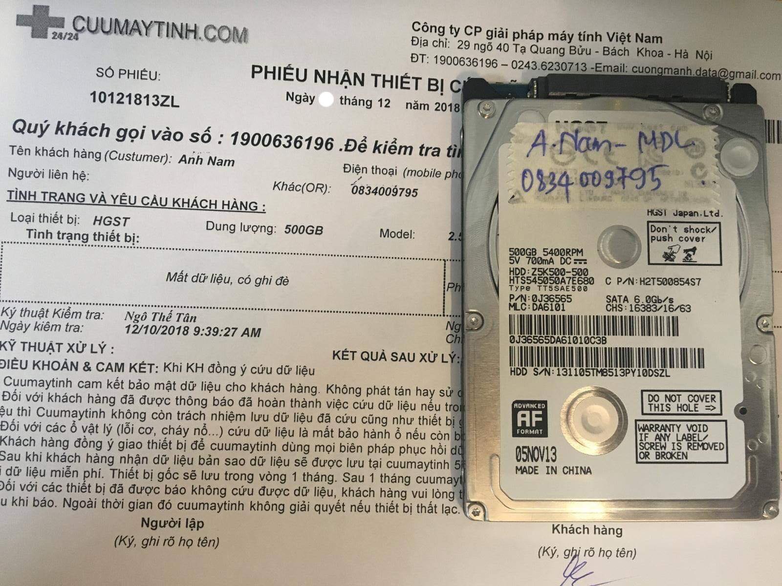 Khôi phục dữ liệu ổ cứng HGST 500GB format nhầm, ghi đè 13/12/2018 - cuumaytinh