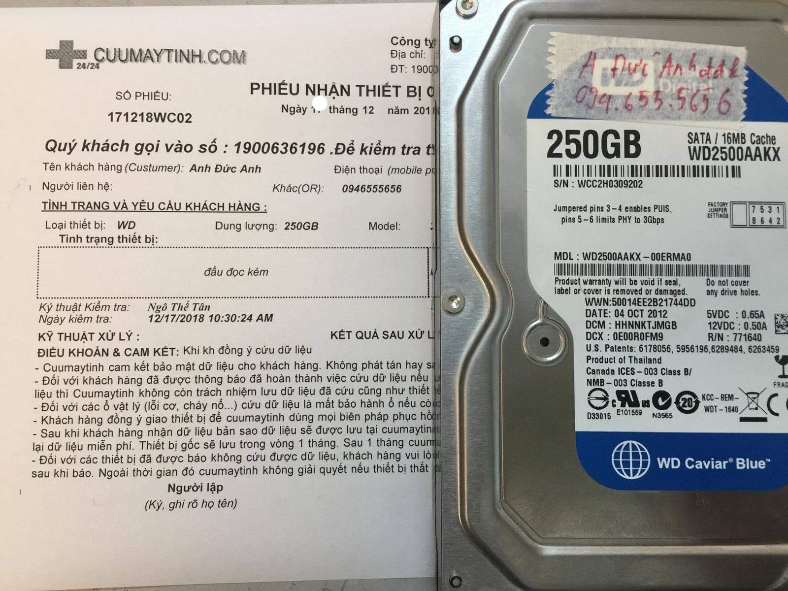 Lấy lại dữ liệu ổ cứng Western 250GB đầu đọc kém 19/12/2018 - cuumaytinh