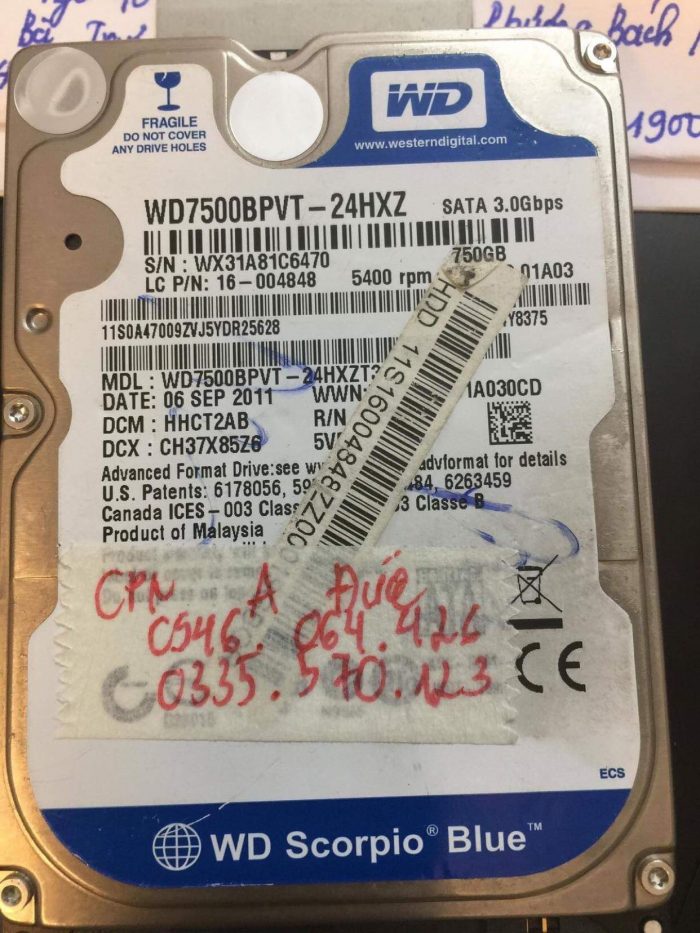 Lấy lại dữ liệu ổ cứng Western 750GB bad 24/12/2018 - cuumaytinh