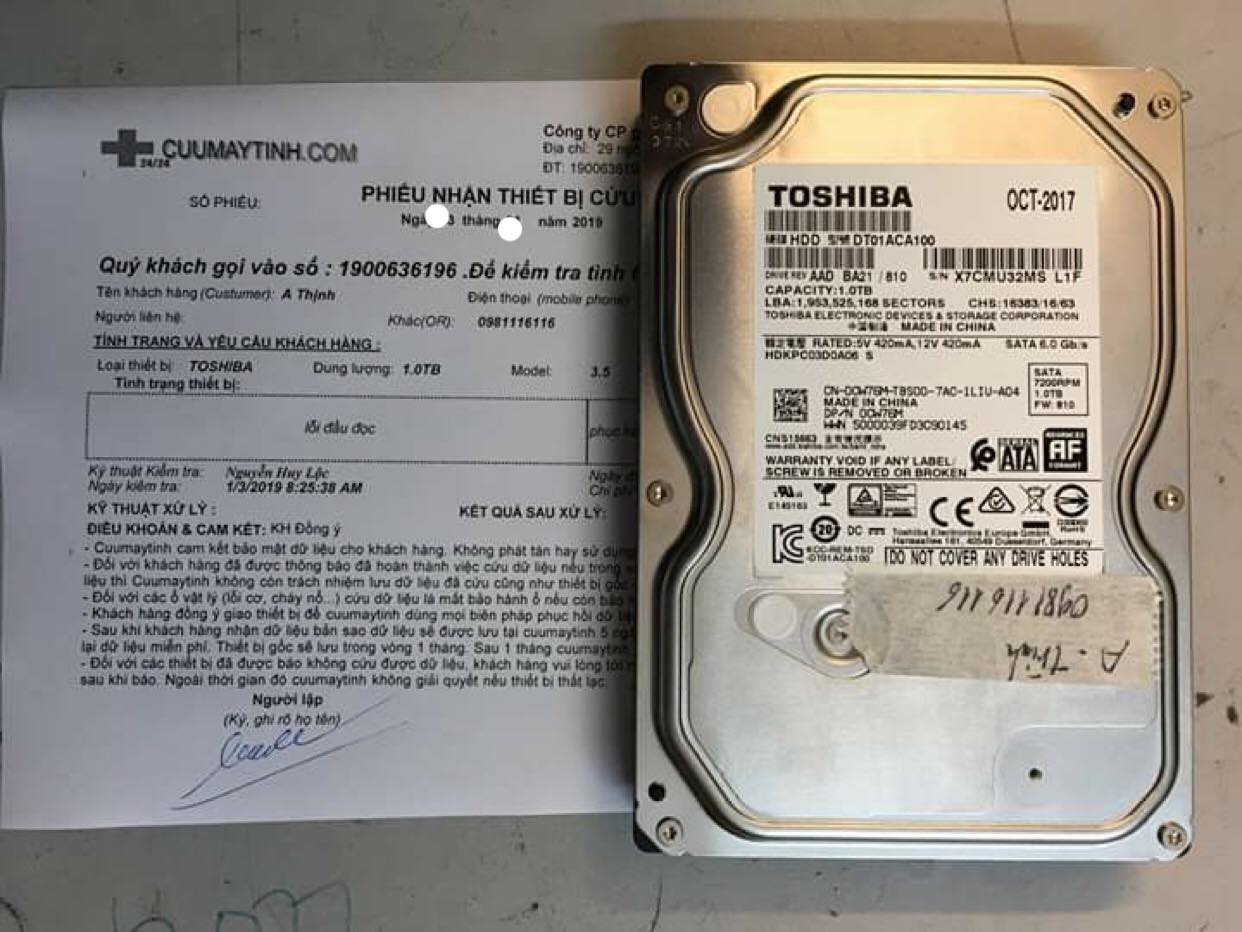 Khôi phục dữ liệu ổ cứng Toshiba 1TB lỗi đầu đọc tại Tuyên Quang 29/12/2018 - cuumaytinh