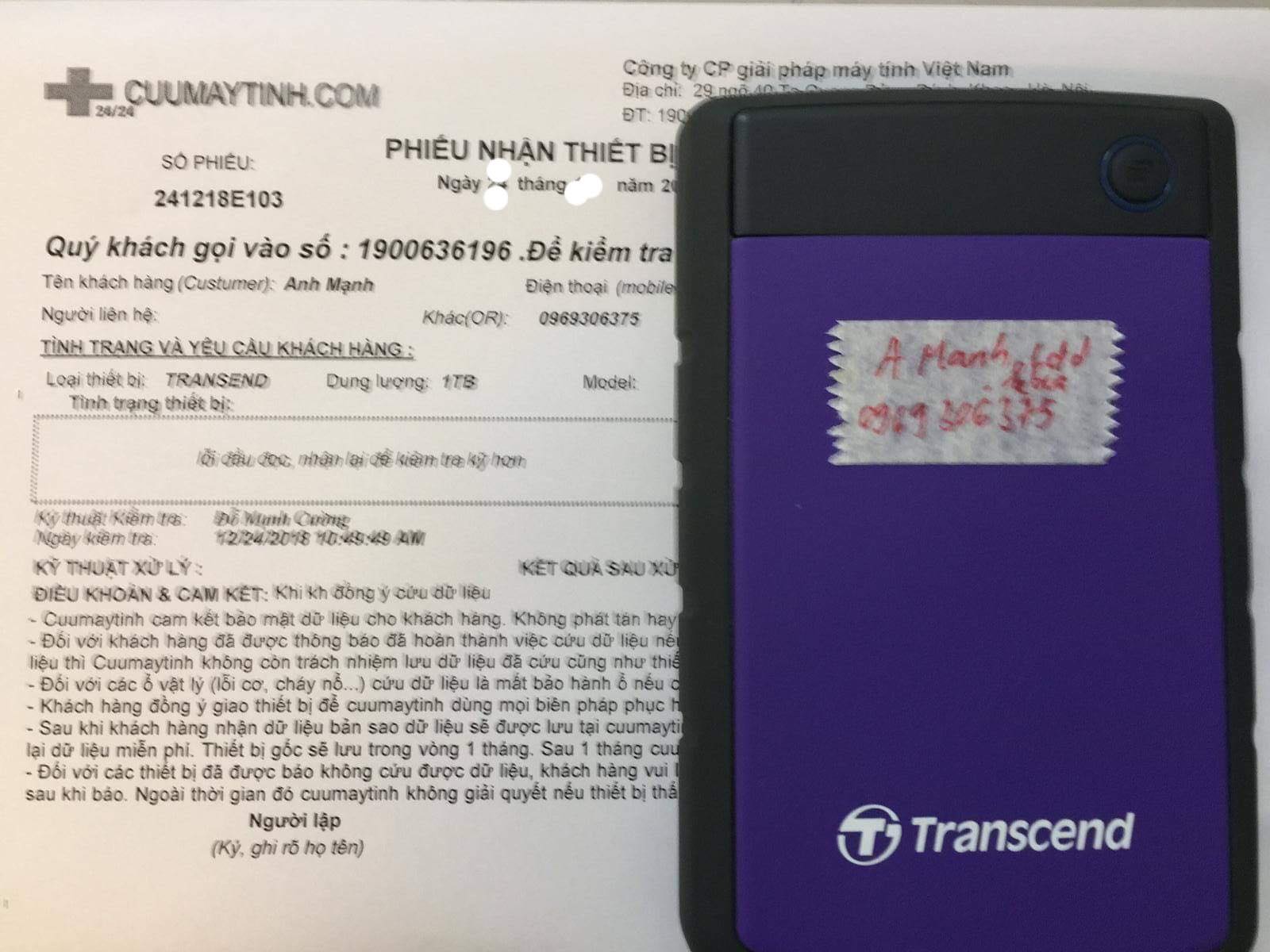 Lấy dữ liệu ổ cứng Box Transend 1TB lỗi đầu đọc 09/01/2019 - cuumaytinh