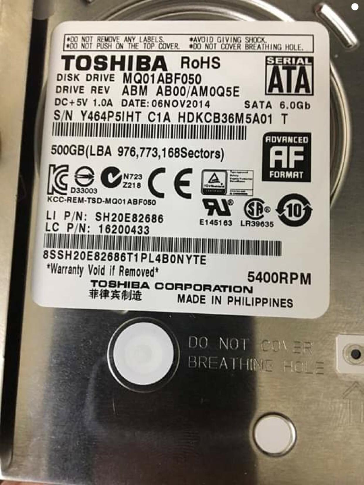Lấy dữ liệu ổ cứng Toshiba 500GB không nhận  05/01/2019 - cuumaytinh