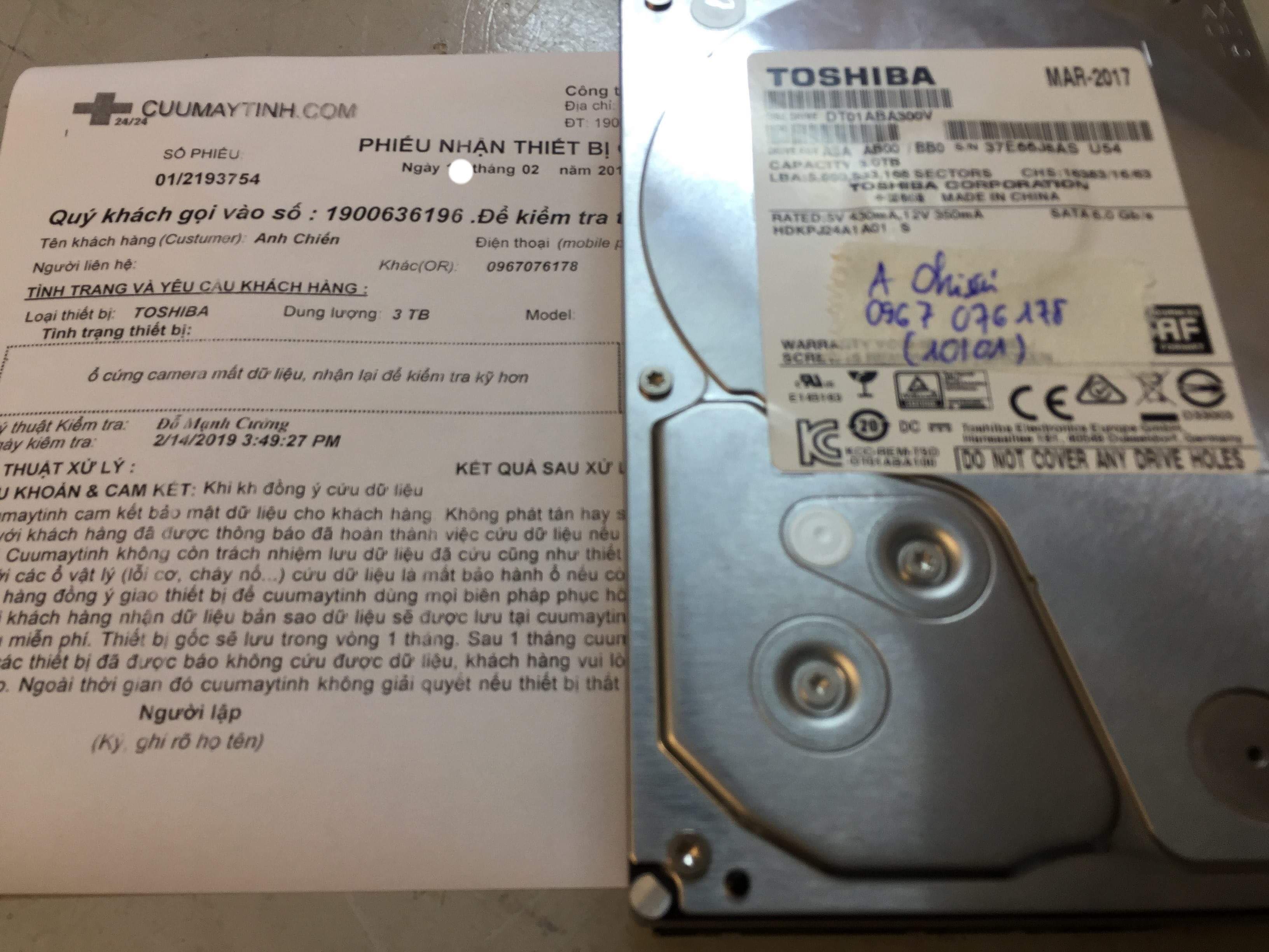 Khôi phục dữ liệu ổ cứng Toshiba 3TB format nhầm 25/02/2019 - cuumaytinh