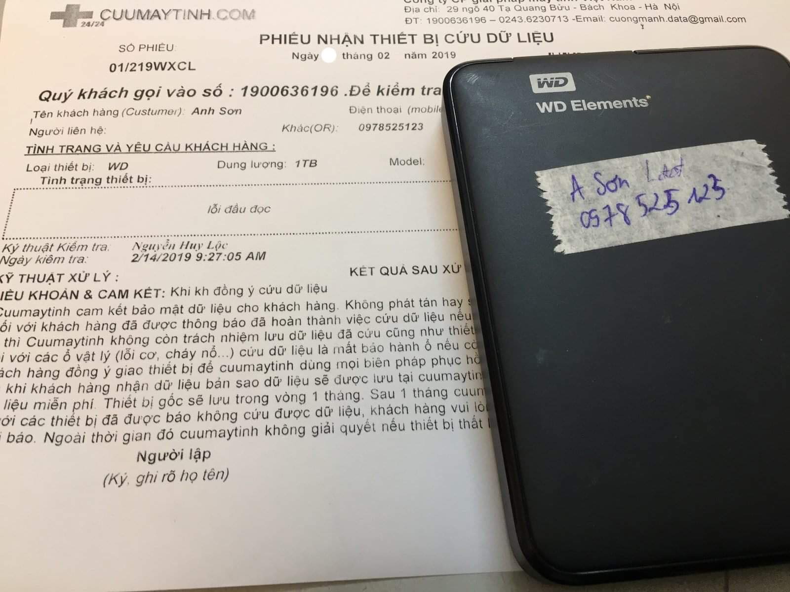 Khôi phục dữ liệu ổ cứng Western 1TB lỗi đầu đọc 21/02/2019 - cuumaytinh