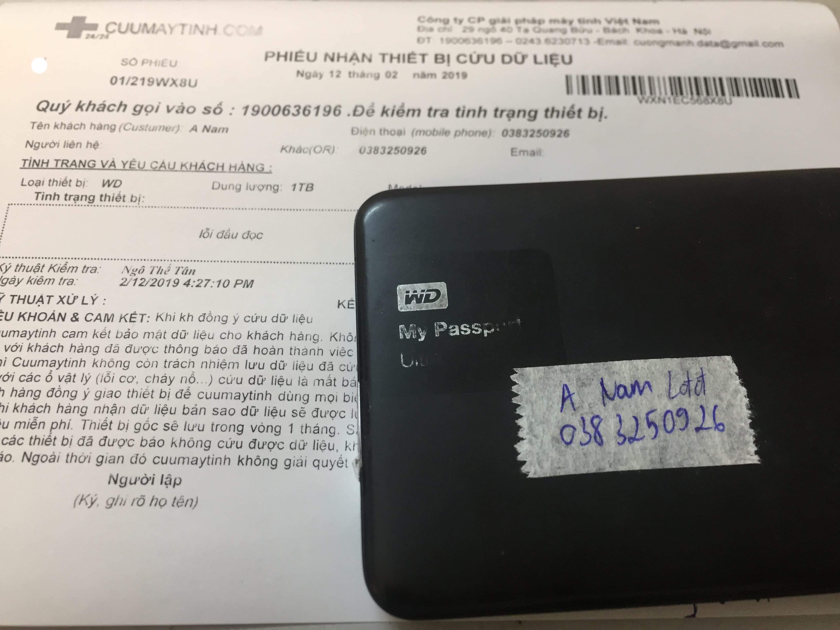 Phục hồi dữ liệu ổ cứng Western 1TB lỗi đầu đọc 12/02/2019 - cuumaytinh