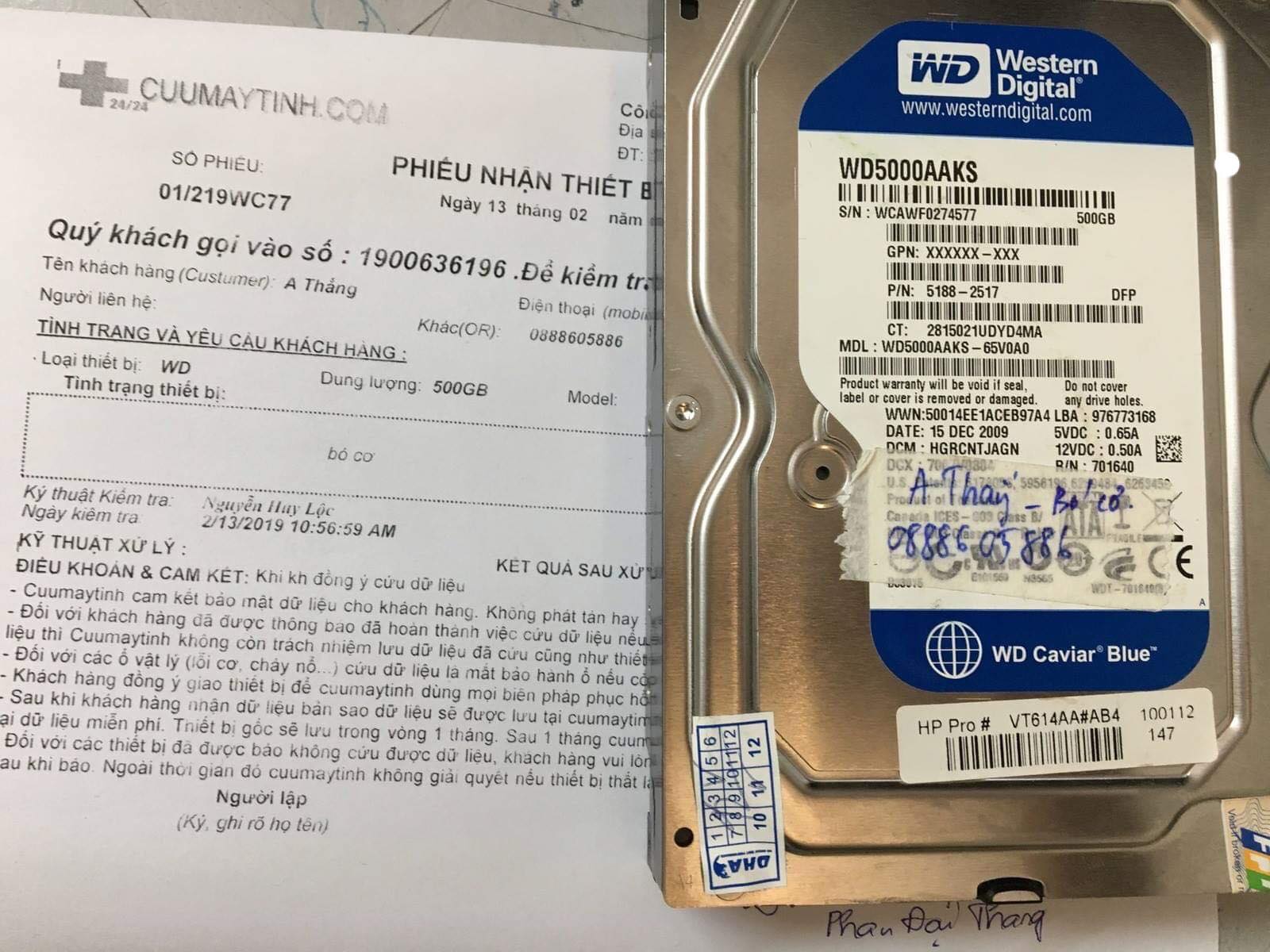 Cứu dữ liệu ổ cứng Western 500GB bó cơ 14/02/2019 - cuumaytinh