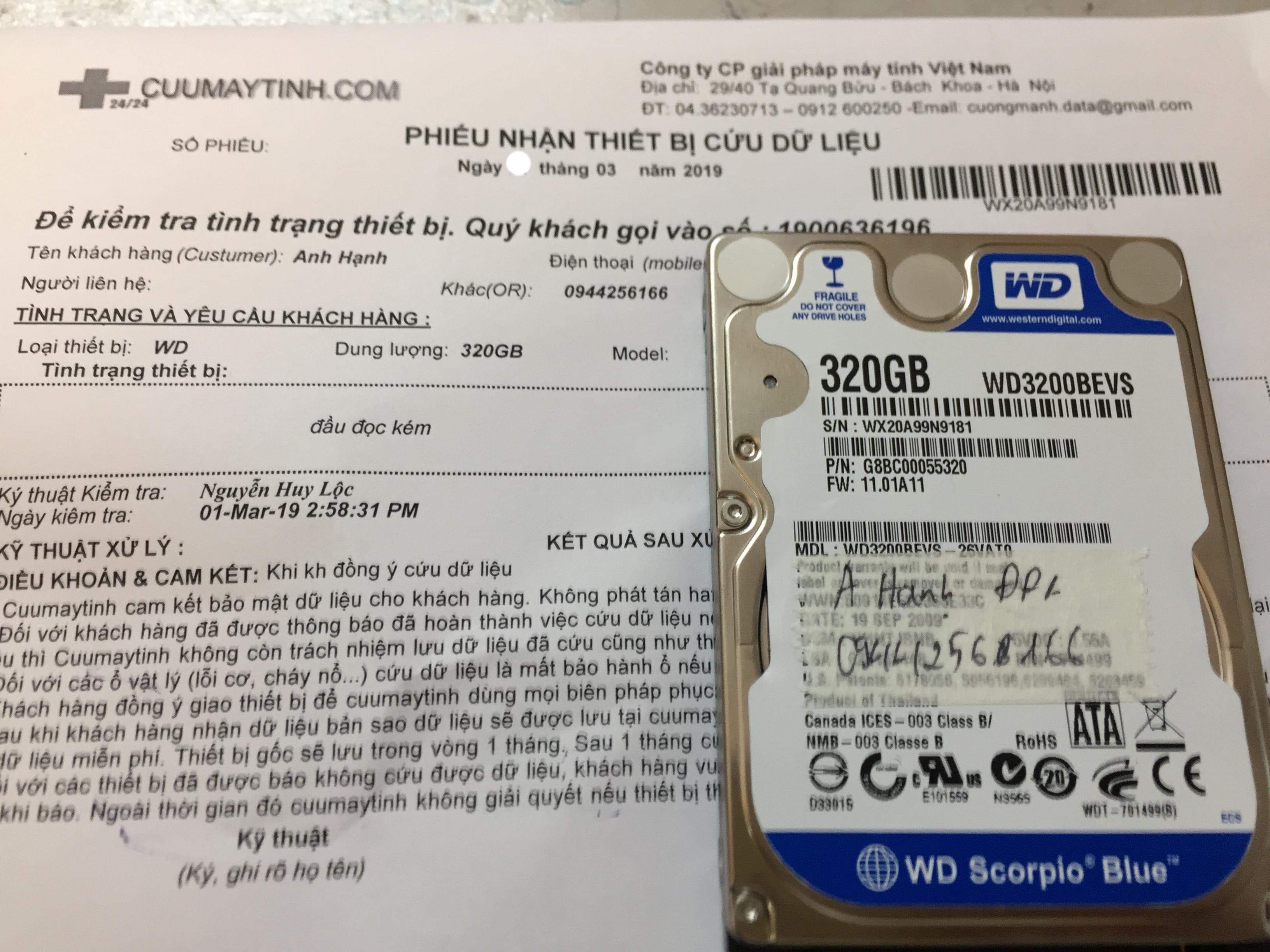 Cứu dữ liệu ổ cứng Western 320GB đầu đọc kém 02/03/2019 - cuumaytinh
