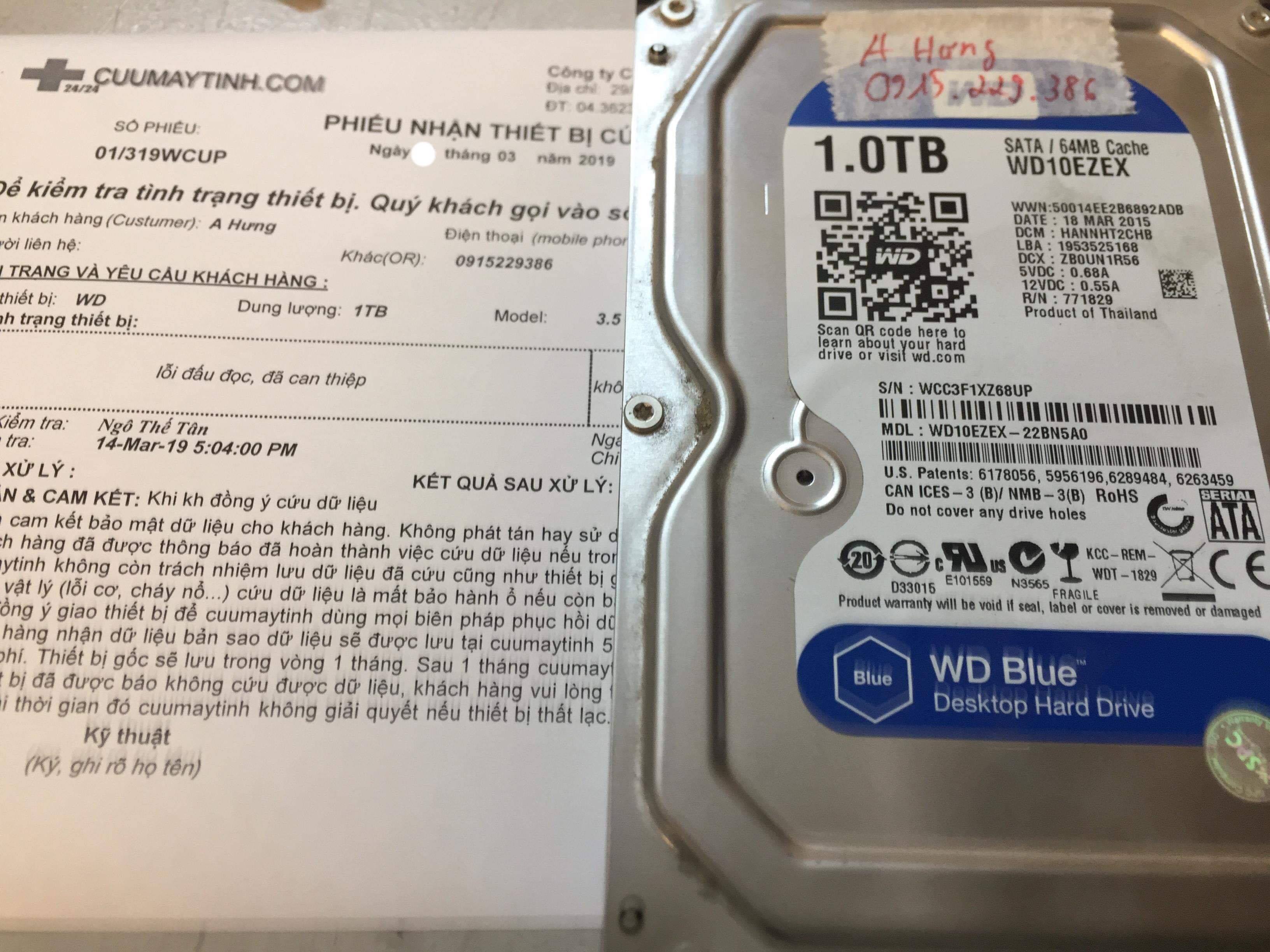 Lấy dữ liệu ổ cứng Western 1TB lỗi đầu đọc 18/03/2019 - cuumaytinh