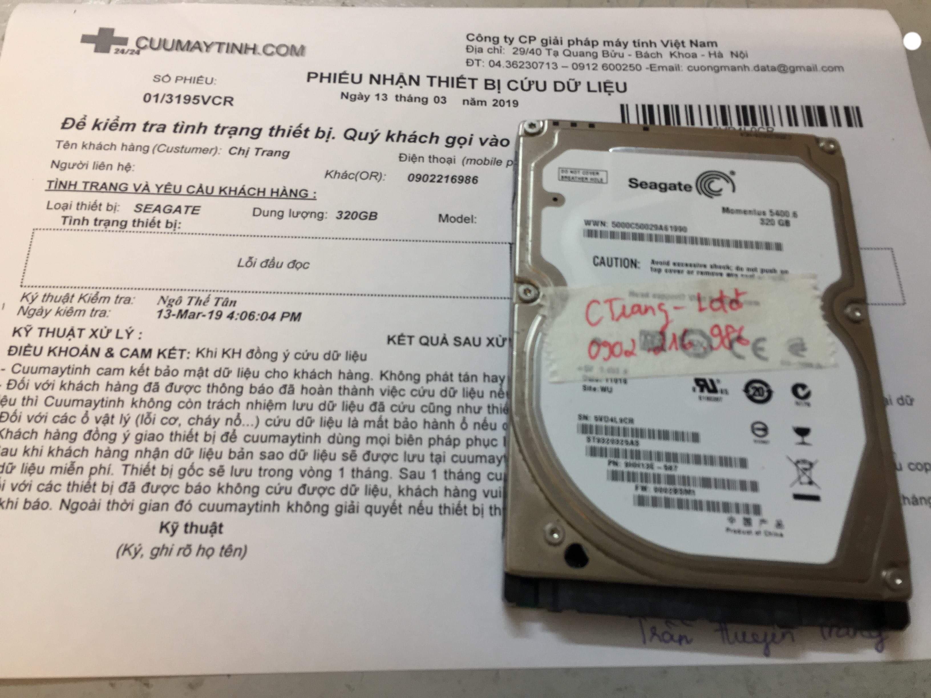 Phục hồi dữ liệu ổ cứng seagate 320GB bad nặng 13/03/2019 - cuumaytinh