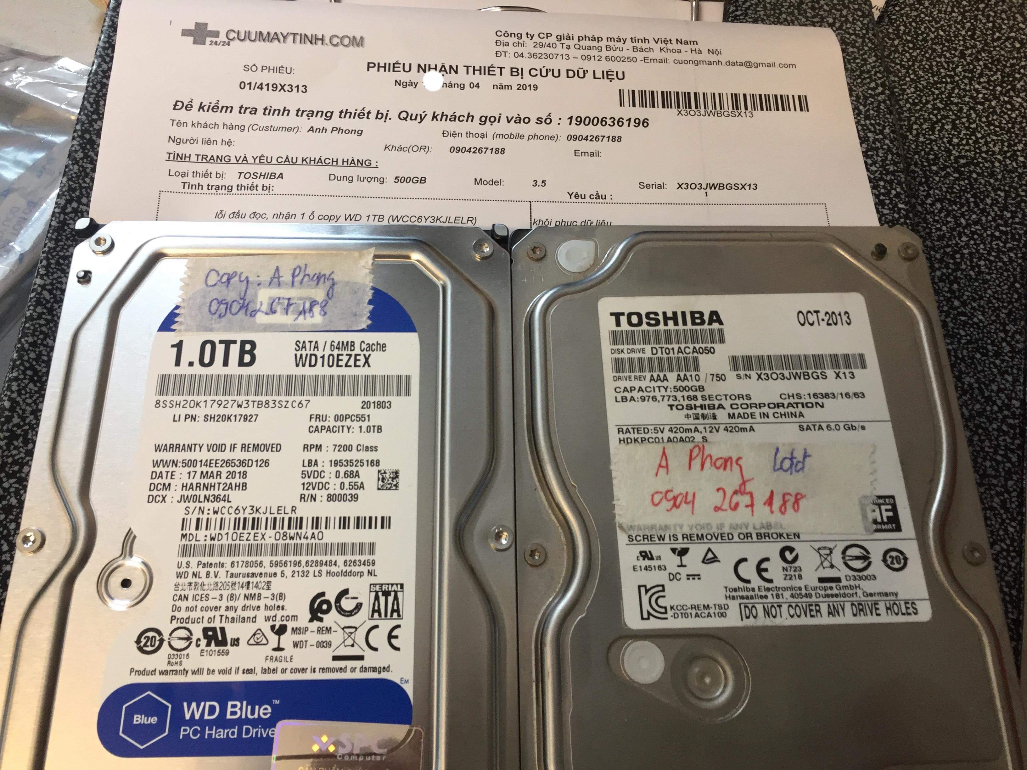 Lấy dữ liệu ổ cứng Toshiba 500GB lỗi đầu đọc  13/04/2019 - cuumaytinh