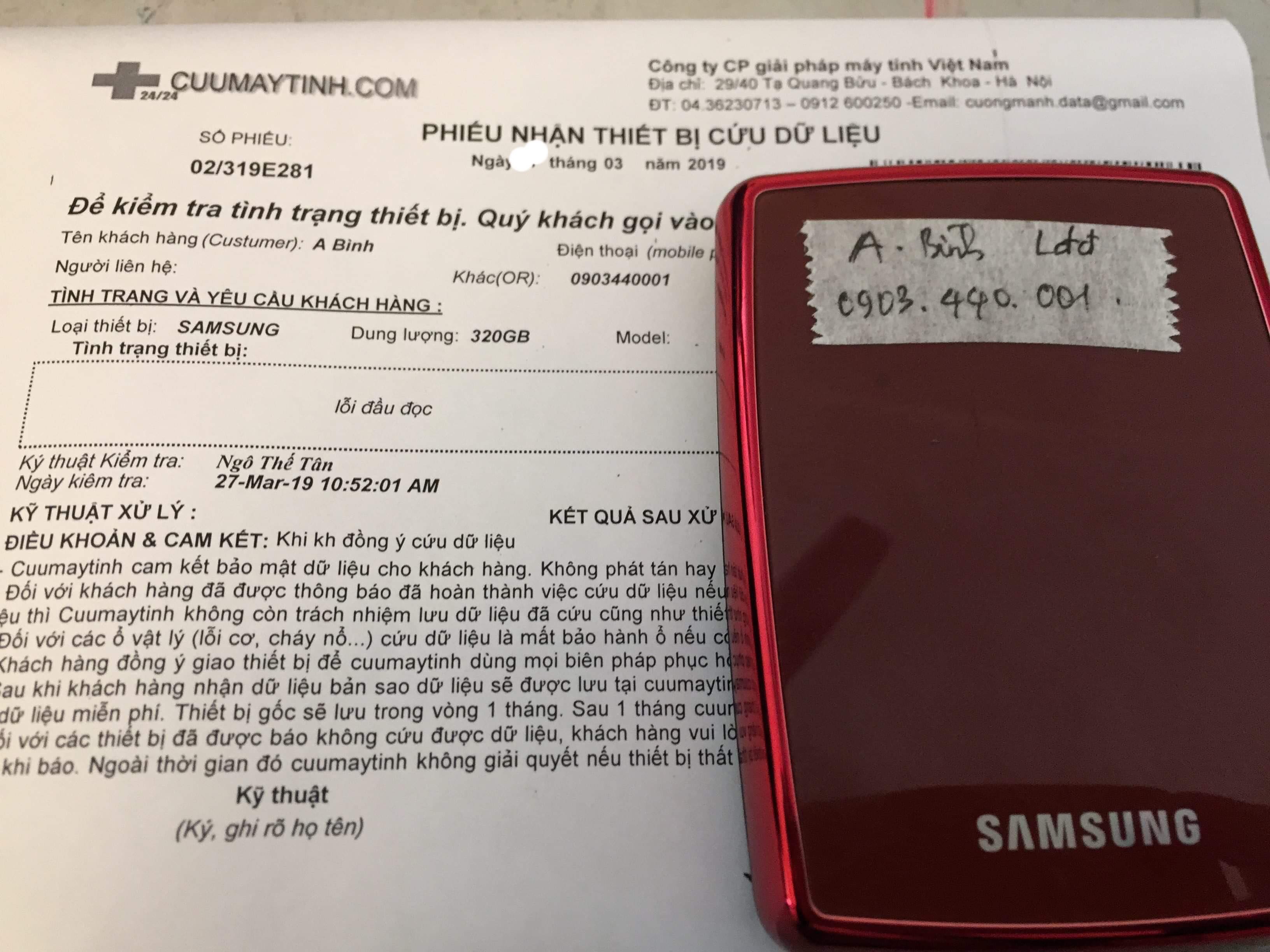 Cứu dữ liệu ổ cứng Samsung 320GB lỗi đầu đọc 29/03/2019 - cuumaytinh