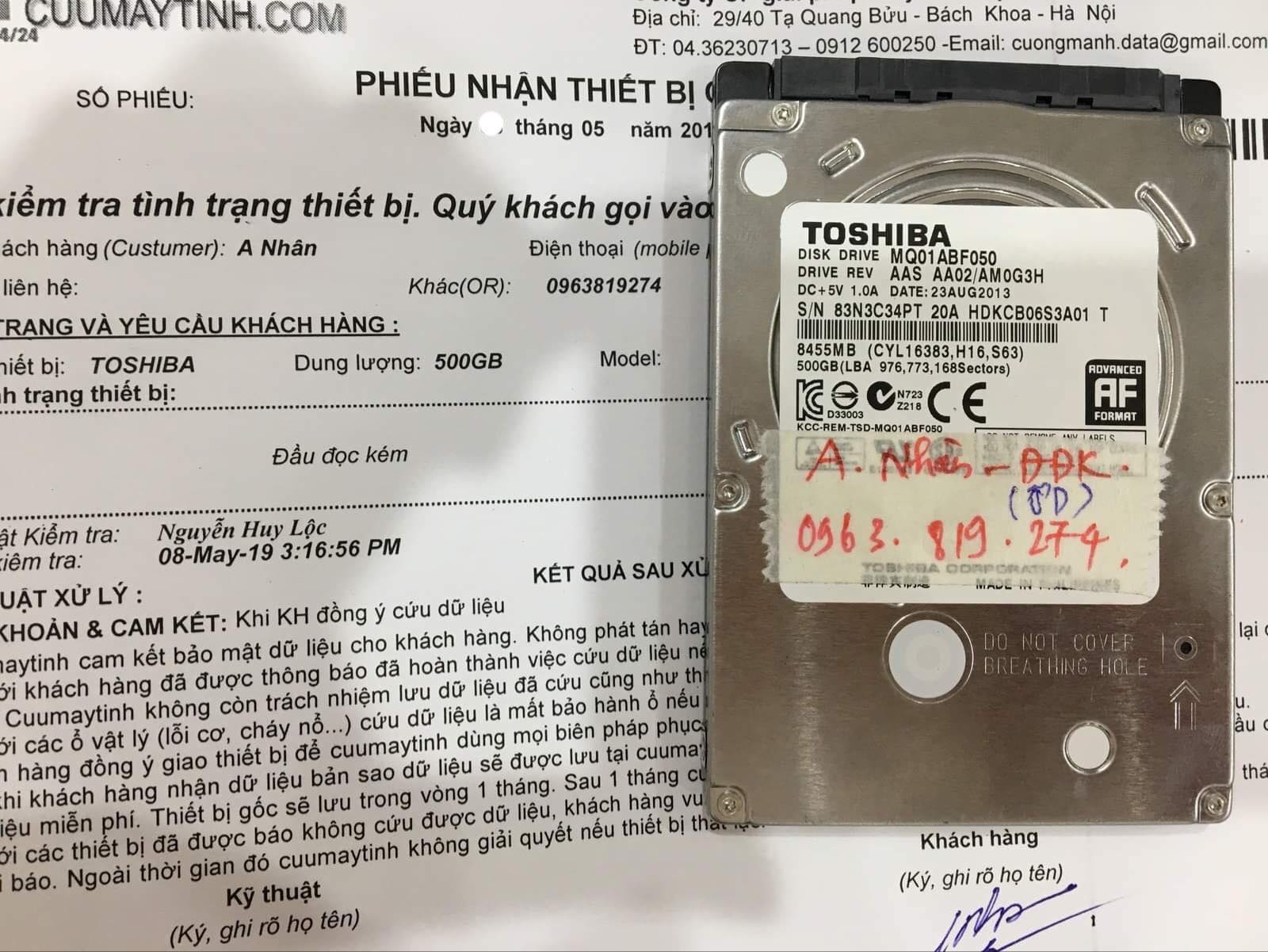 Lấy dữ liệu ổ cứng Toshiba 500GB đầu đọc kém 11/05/2019 - cuumaytinh