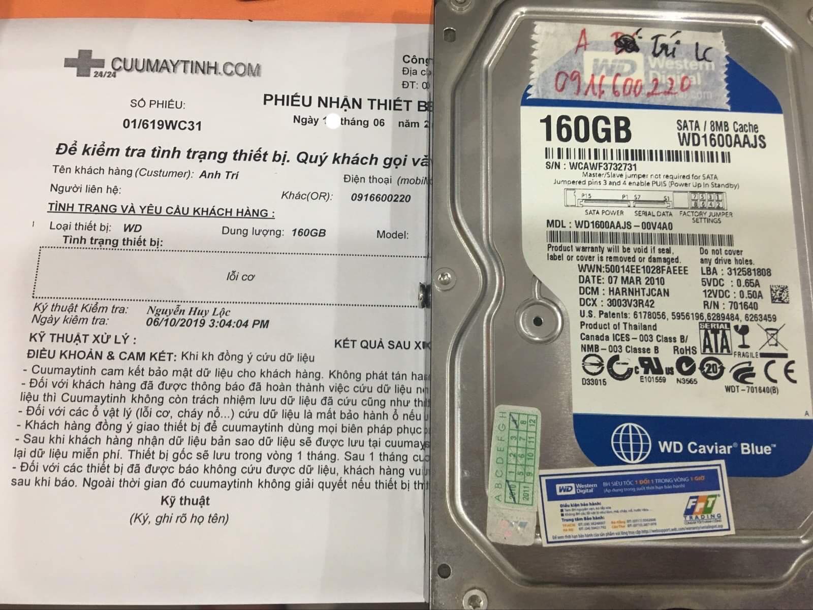 Phục hồi dữ liệu ổ cứng Western 160GB lỗi cơ 18/06/2019 - cuumaytinh