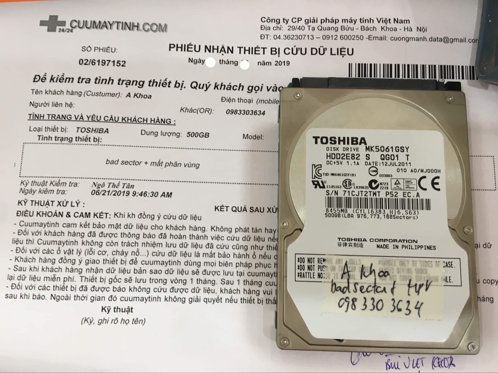 Cứu dữ liệu ổ cứng Toshiba 500GB bad + mất phân vùng 03/07/2019 - cuumaytinh