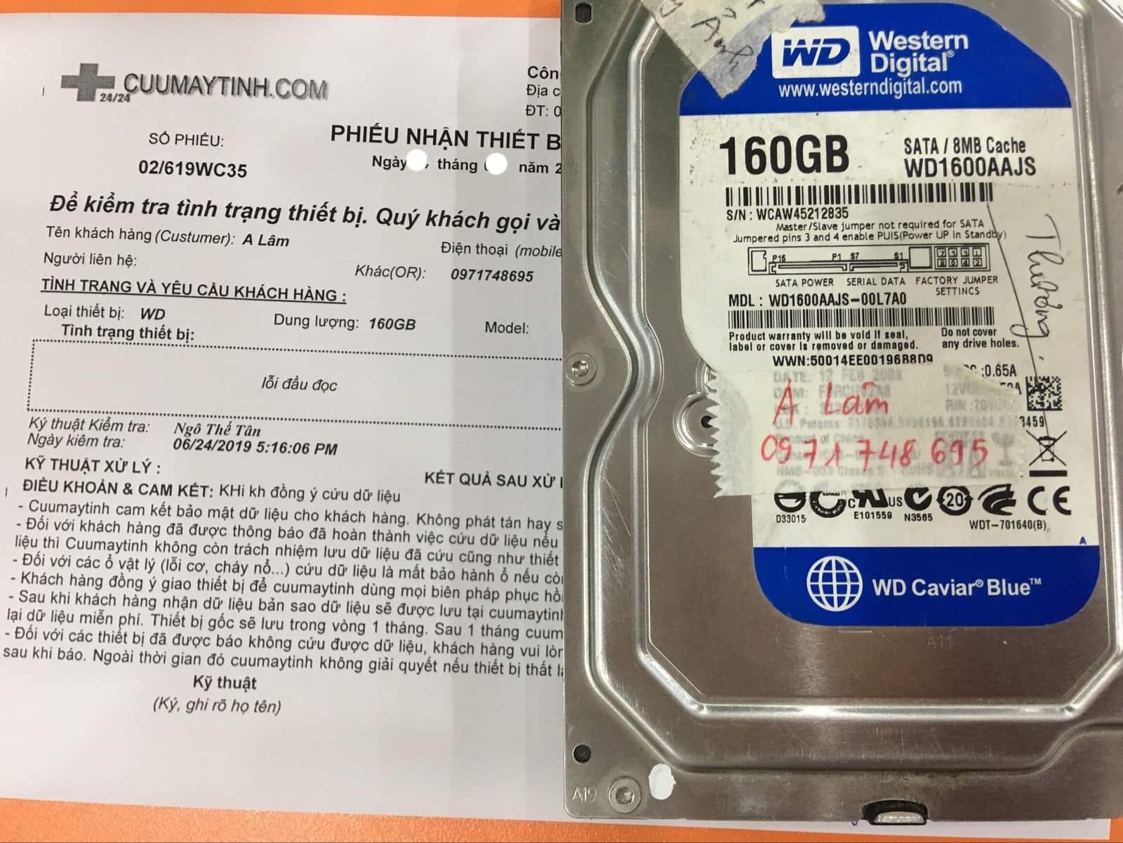 Cứu dữ liệu ổ cứng Western 1TB lỗi đầu đọc 09/07/2019 - cuumaytinh