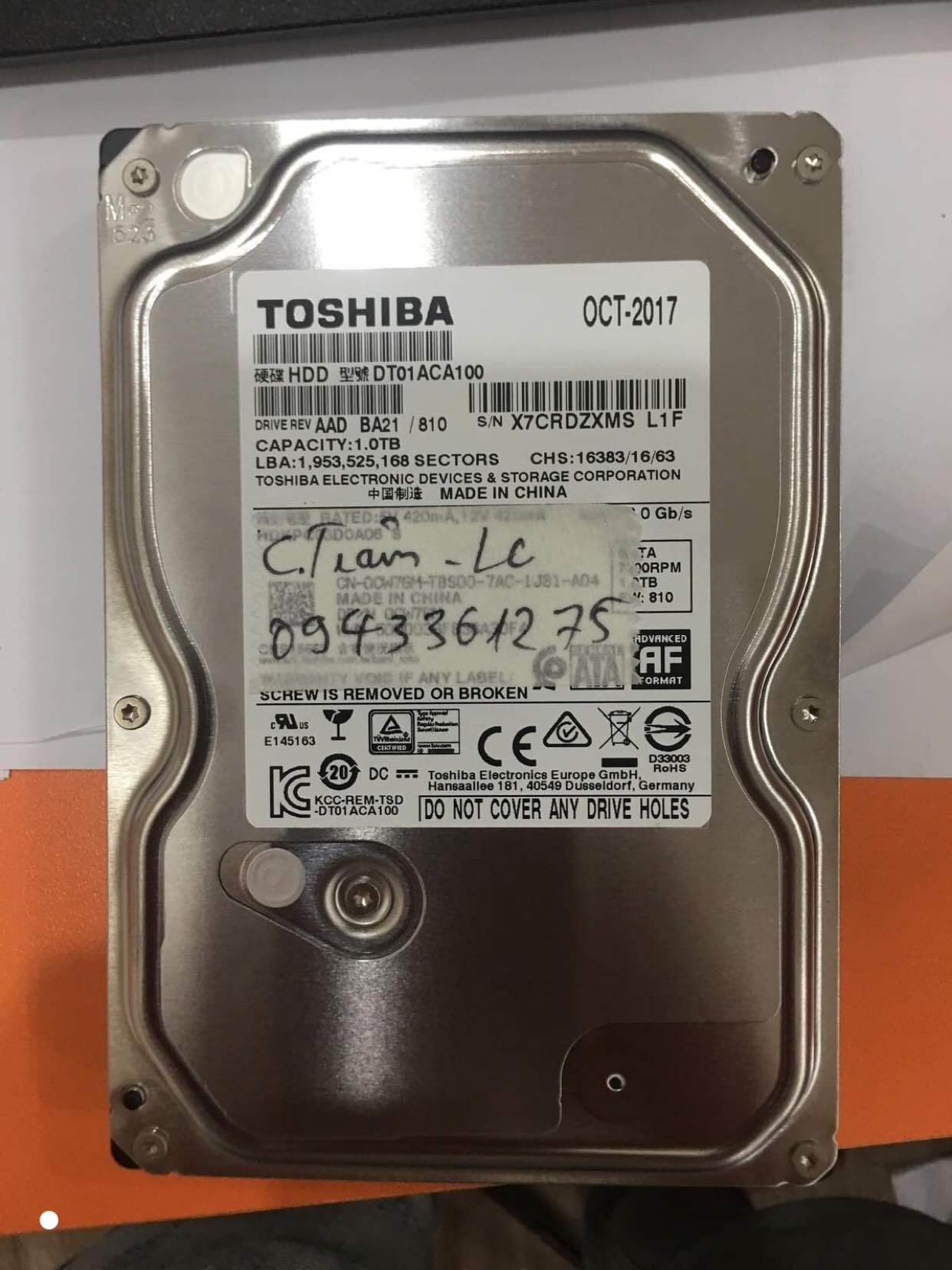 Cứu dữ liệu ổ cứng Toshiba 1TB lỗi cơ 24/08/2019 - cuumaytinh