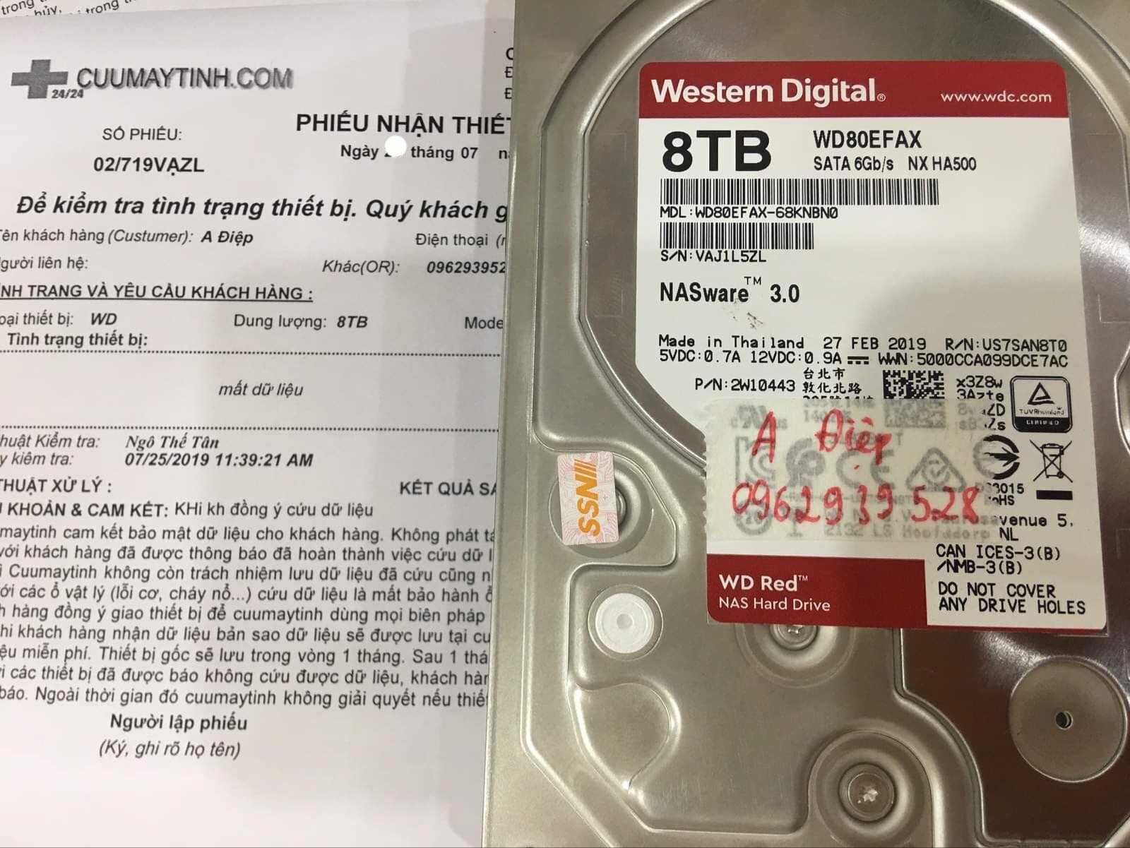 Khôi phục dữ liệu ổ cứng Western 8TB mất dữ liệu 31/07/2019 - cuumaytinh