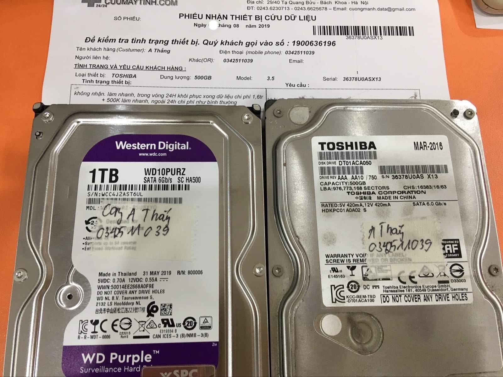 Cứu dữ liệu ổ cứng Toshiba 500GB không nhận 12/08/2019 - cuumaytinh