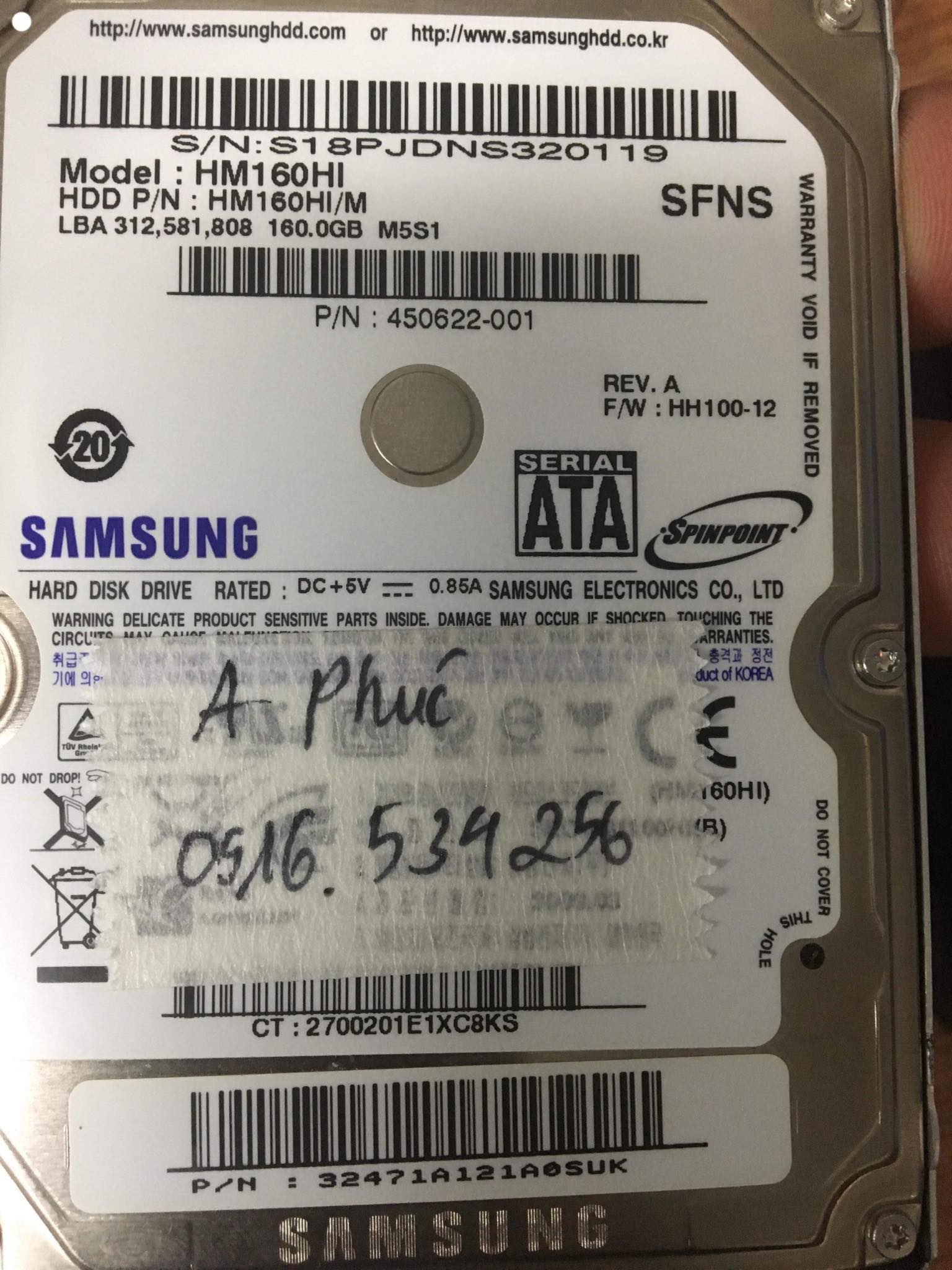 Lấy dữ liệu ổ cứng Samsung 160GB đầu đọc kém 21/08/2019 - cuumaytinh