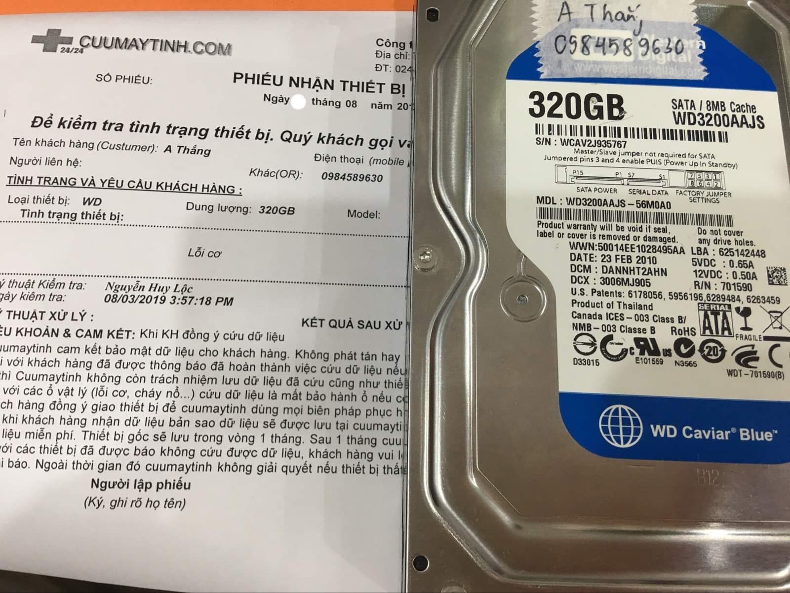 Phục hồi dữ liệu ổ cứng Western 320GB lỗi cơ 08/08/2019 - cuumaytinh