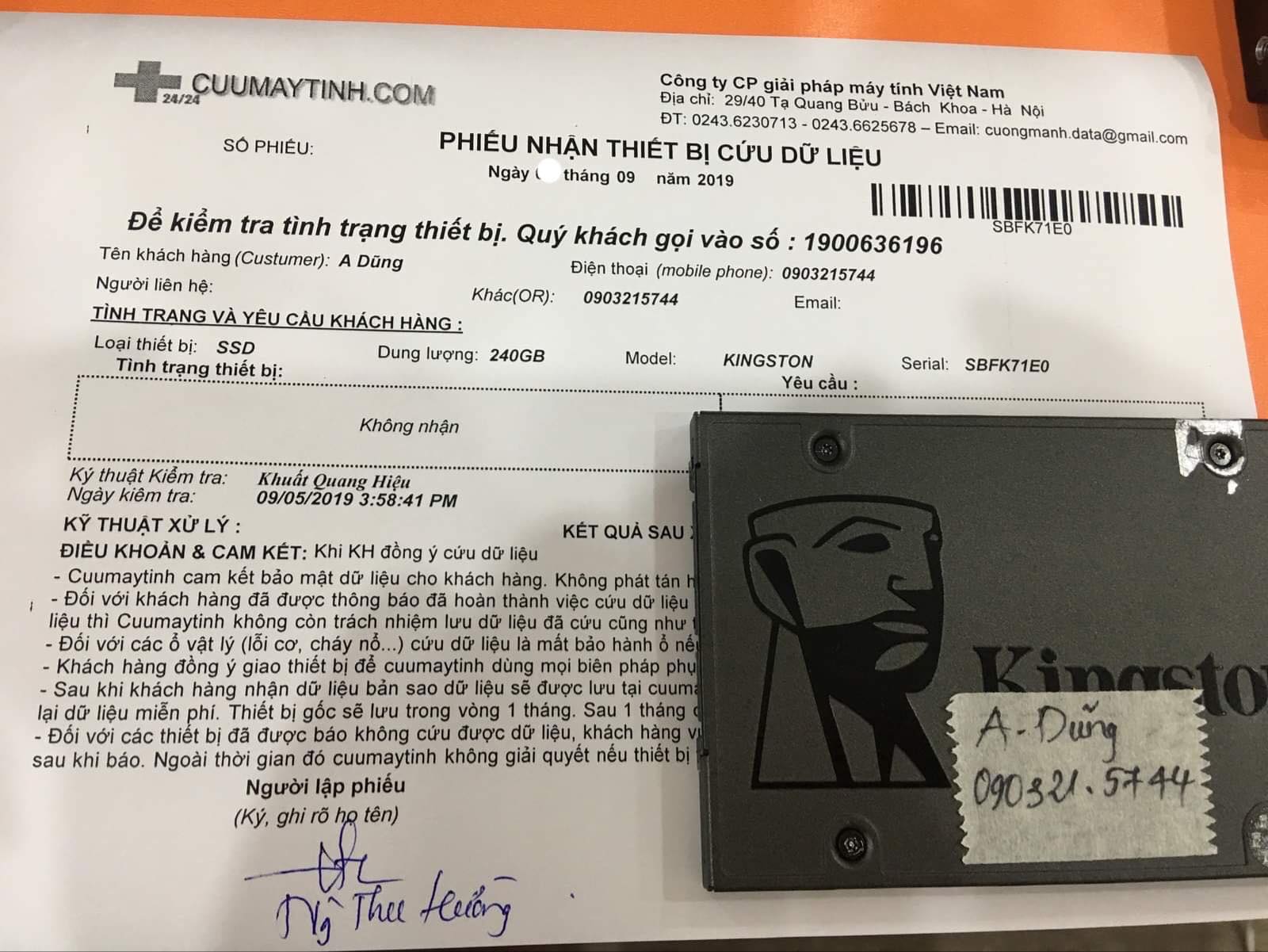 Cứu dữ liệu ổ cứng SSD Kingston 240GB không nhận 11/09/2019 - cuumaytinh