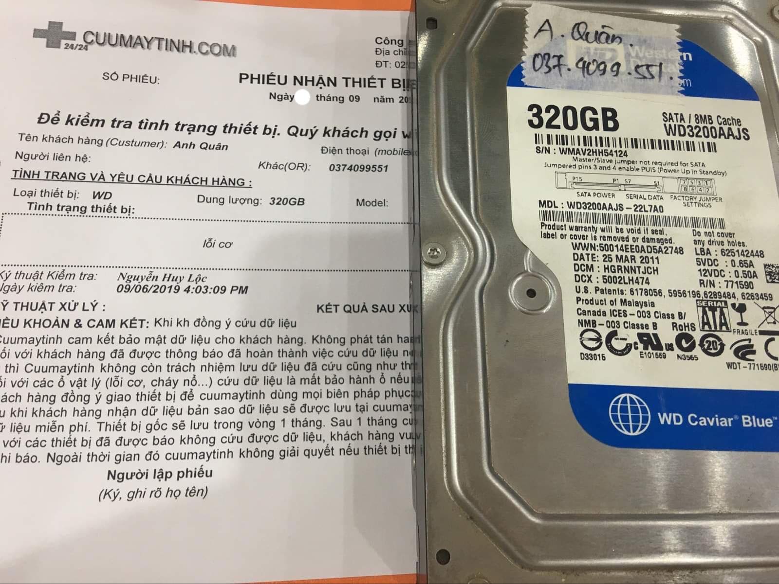 Khôi phục dữ liệu ổ cứng Western 320GB lỗi cơ 10/09/2019 - cuumaytinh