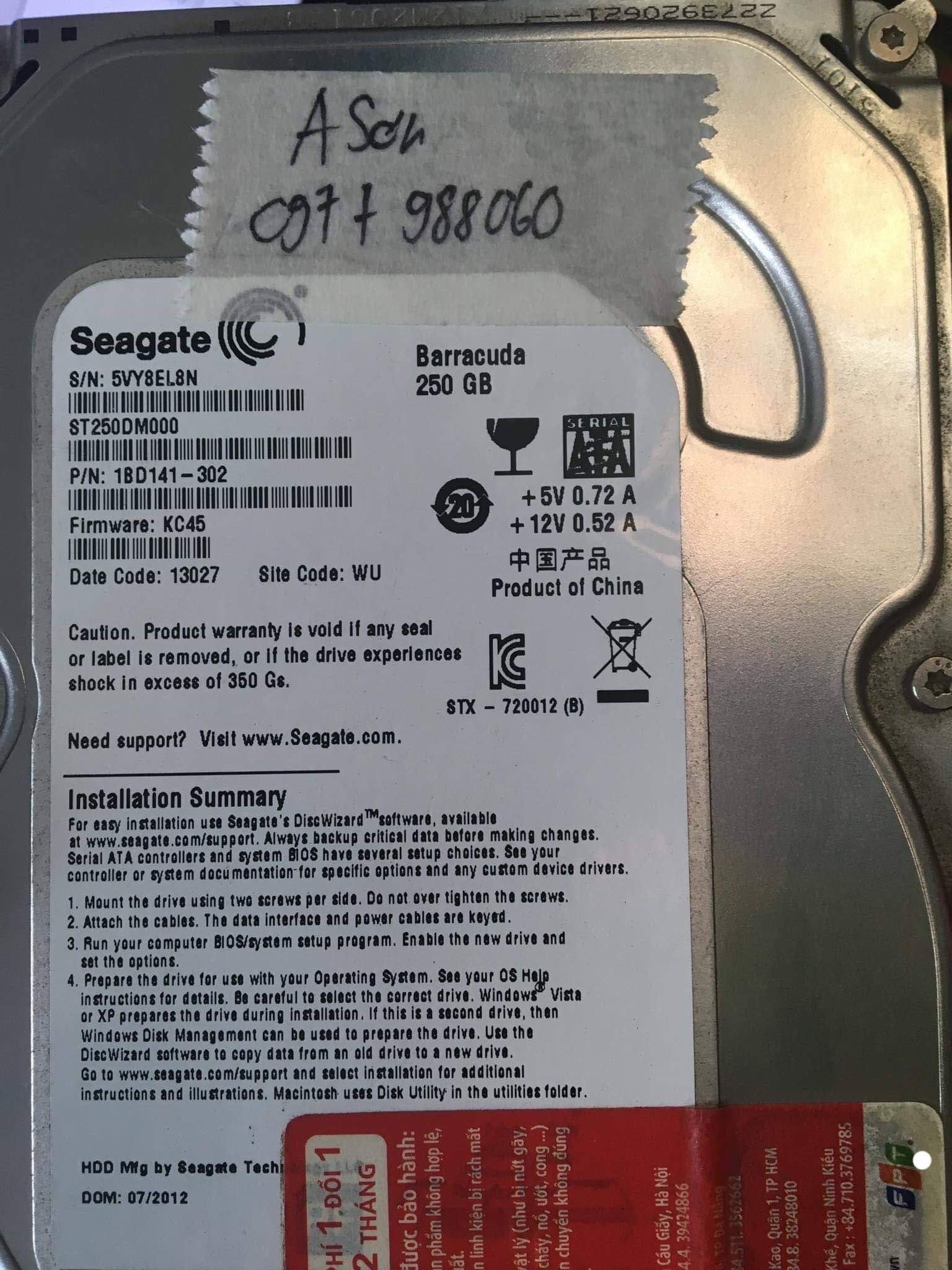 Cứu dữ liệu ổ cứng Seagate 250GB đầu đọc kém 23/09/2019 - cuumaytinh