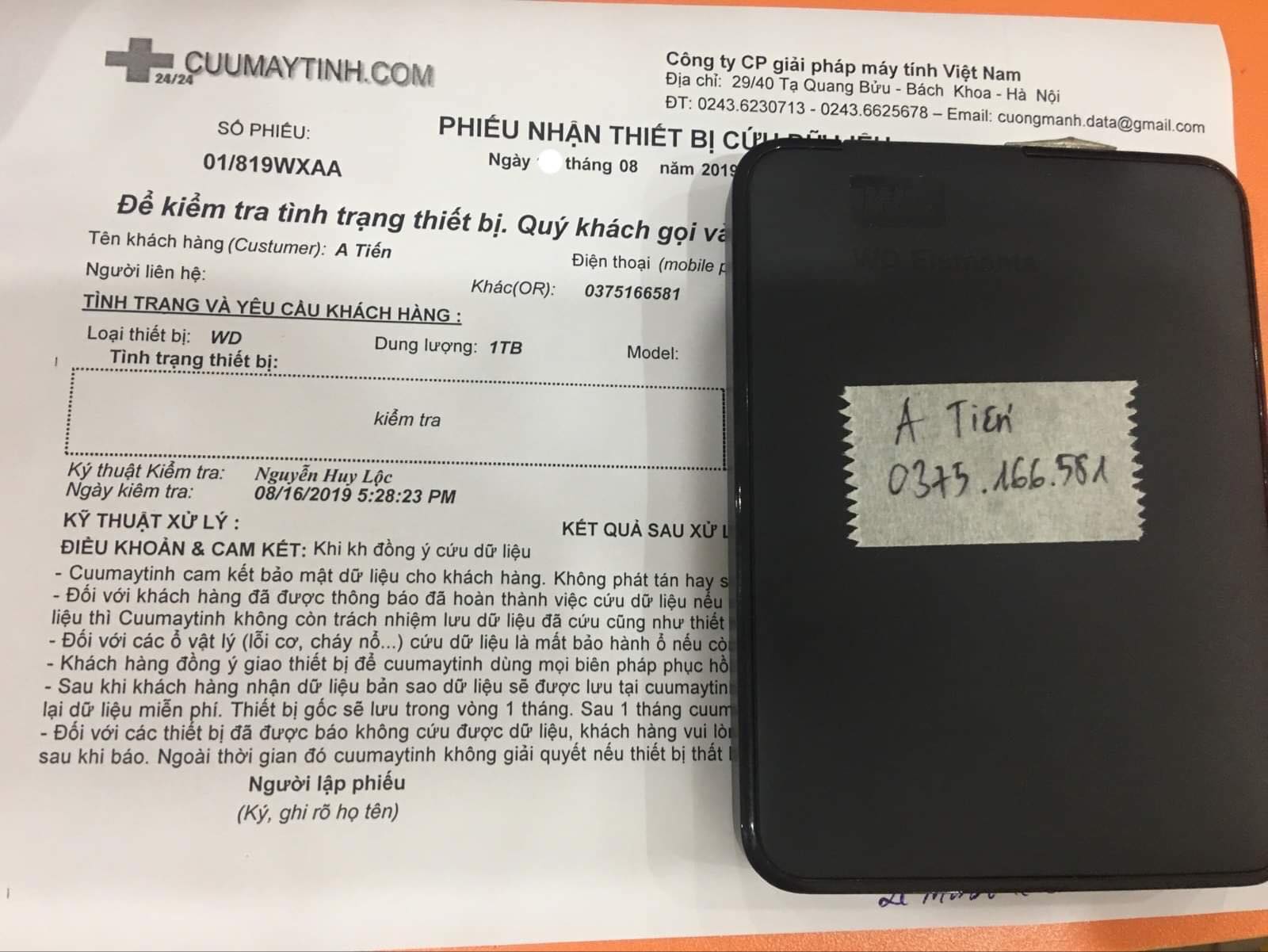 Cứu dữ liệu ổ cứng Western 1TB không nhận 30/08/2019 - cuumaytinh