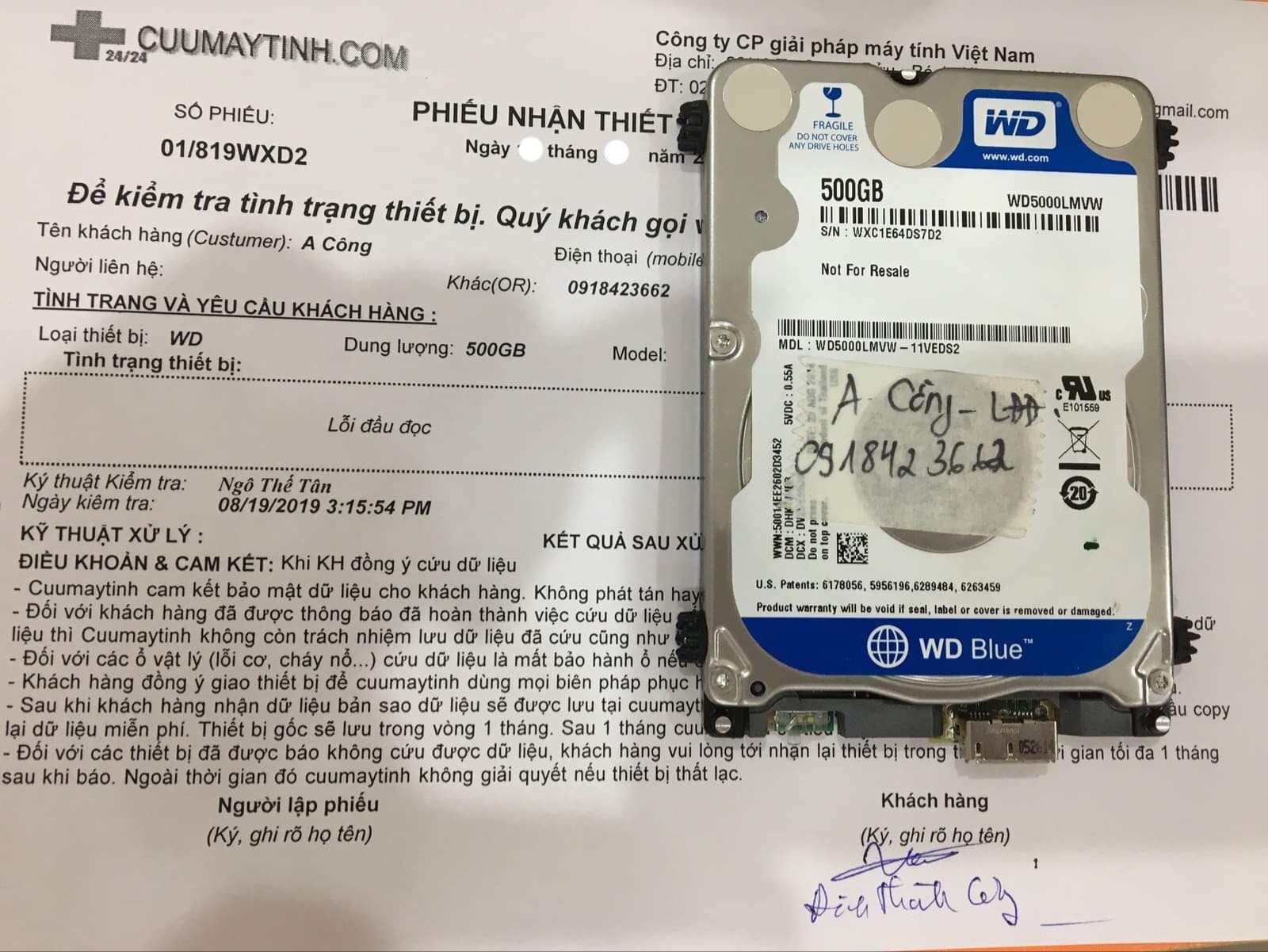 Cứu dữ liệu ổ cứng Western 500GB Western 500GB lỗi đầu đọc 13/09/2019 - cuumaytinh