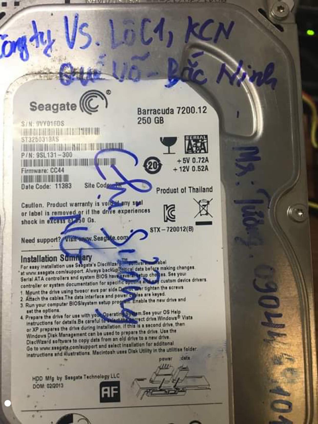 Cứu dữ liệu ổ cứng Seagate 250GB lỗi đầu đọc tại Bắc Ninh 29/08/2019 - cuumaytinh