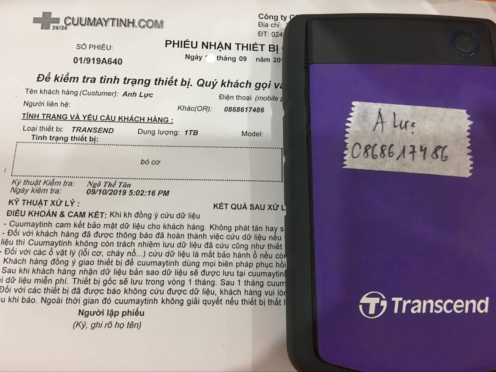 Lấy dữ liệu ổ cứng Transend 1TB bó cơ 19/09/2019 - cuumaytinh