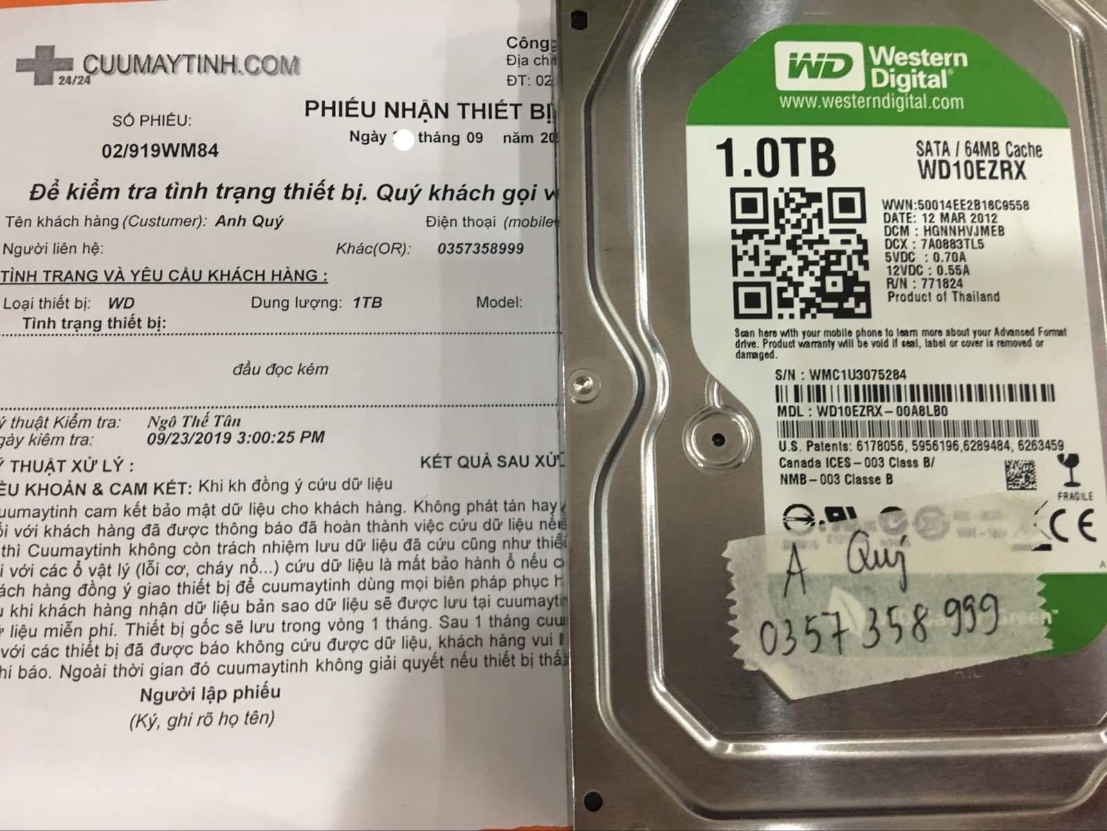 Lấy dữ liệu ổ cứng Western 1TB đầu đọc kém 26/09/2019 - cuumaytinh
