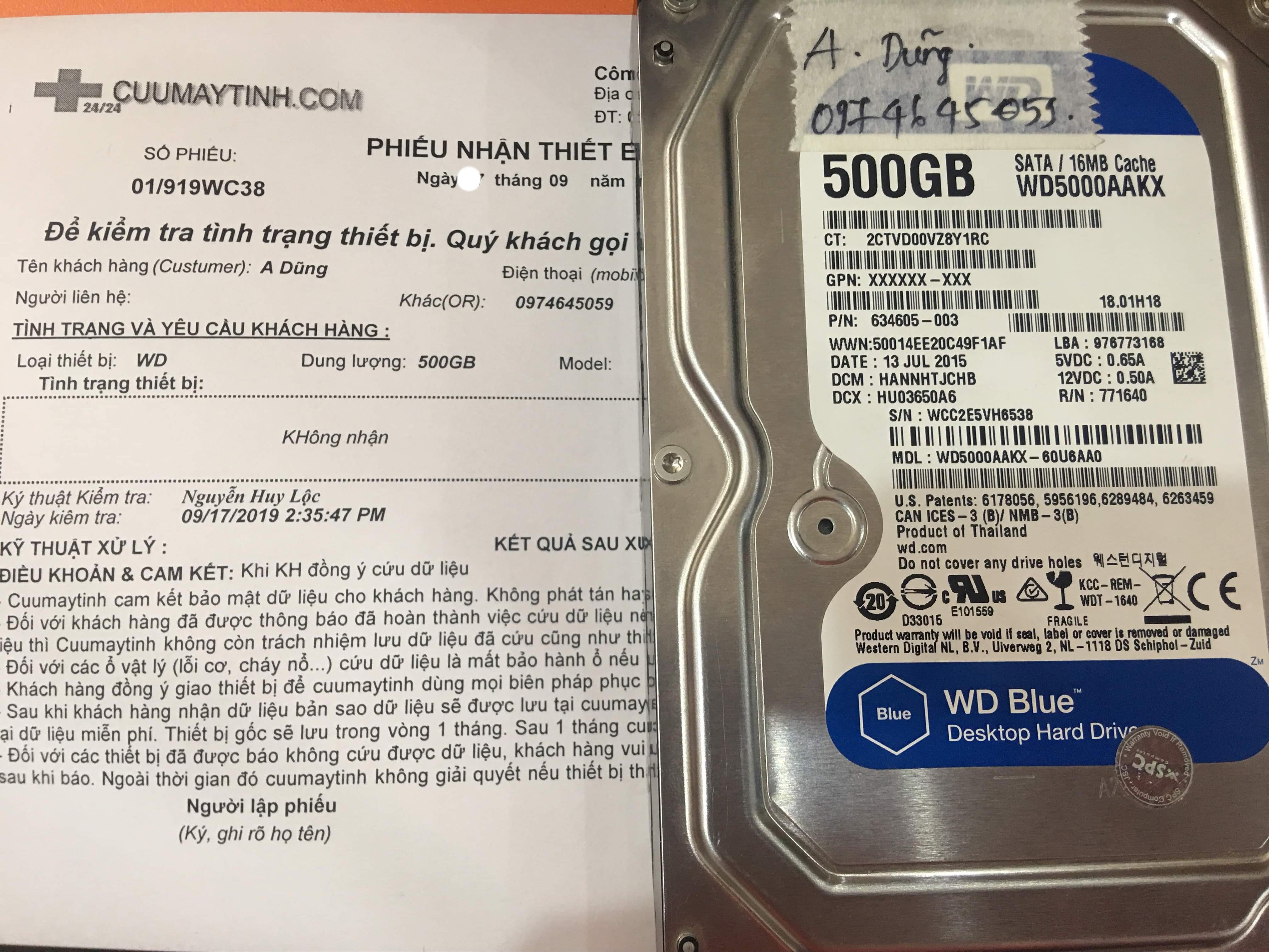 Phục hồi dữ liệu ổ cứng Western 500GB không nhận 23/09/2109 - cuumaytinh
