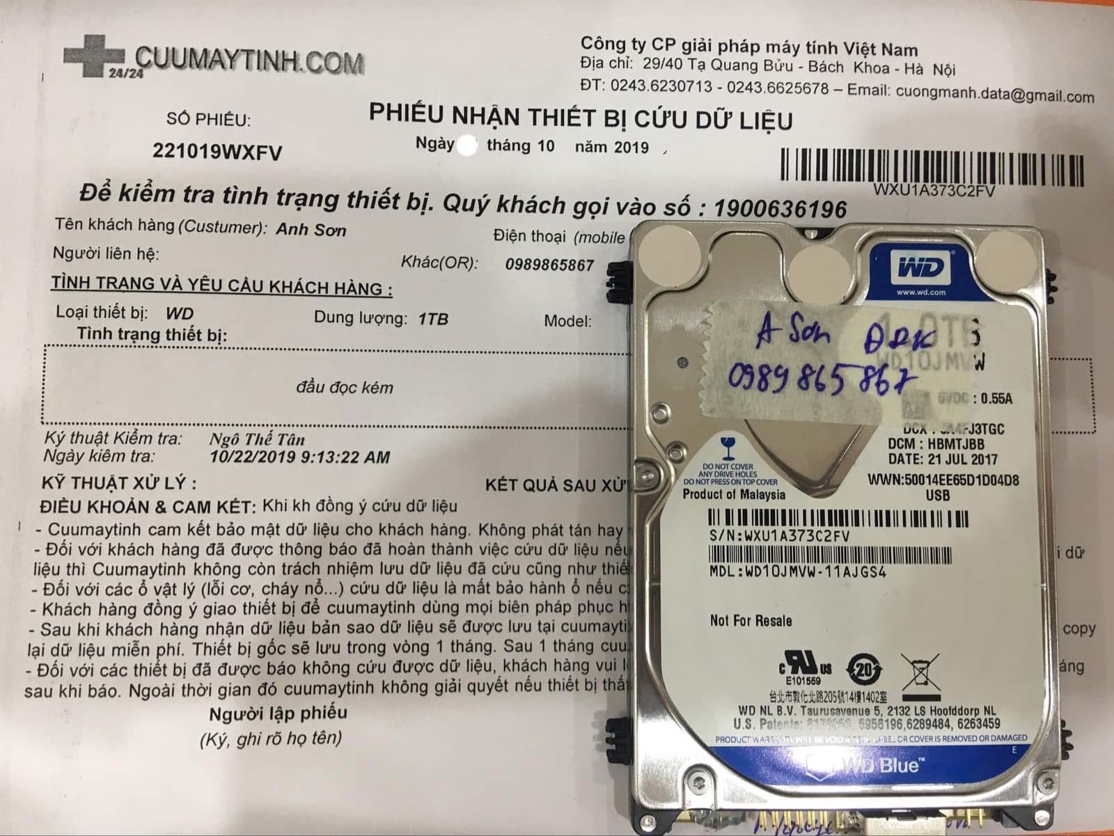 Lấy dữ liệu ổ cứng Western 1TB đầu đọc kém 24/10/2019 - cuumaytinh