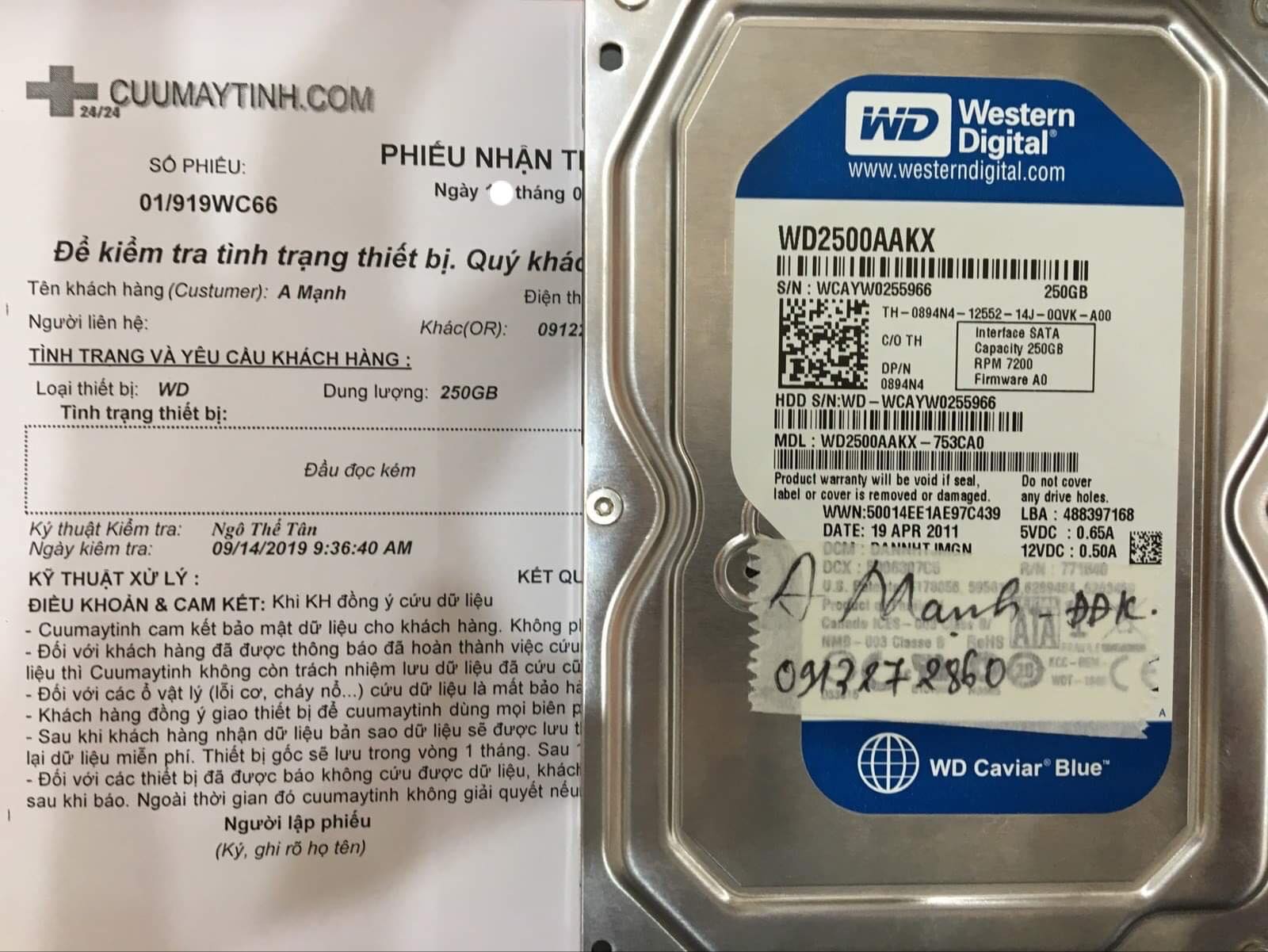 Lấy dữ liệu ổ cứng Western 250GB đầu đọc kém 02/10/2019 - cuumaytinh