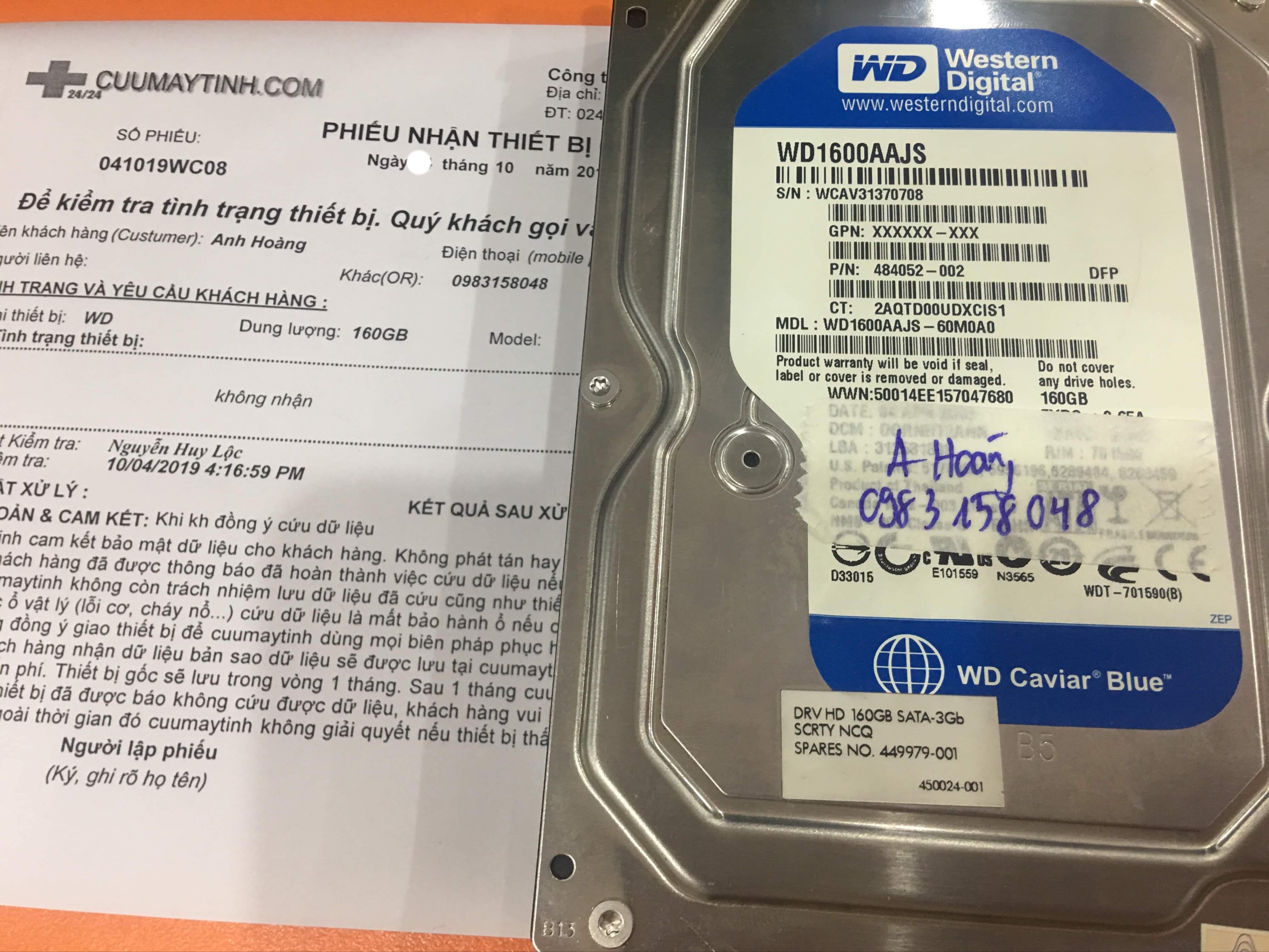 Phục hồi dữ liệu ổ cứng Western 160GB không nhận 10/10/2019 - cuumaytinh