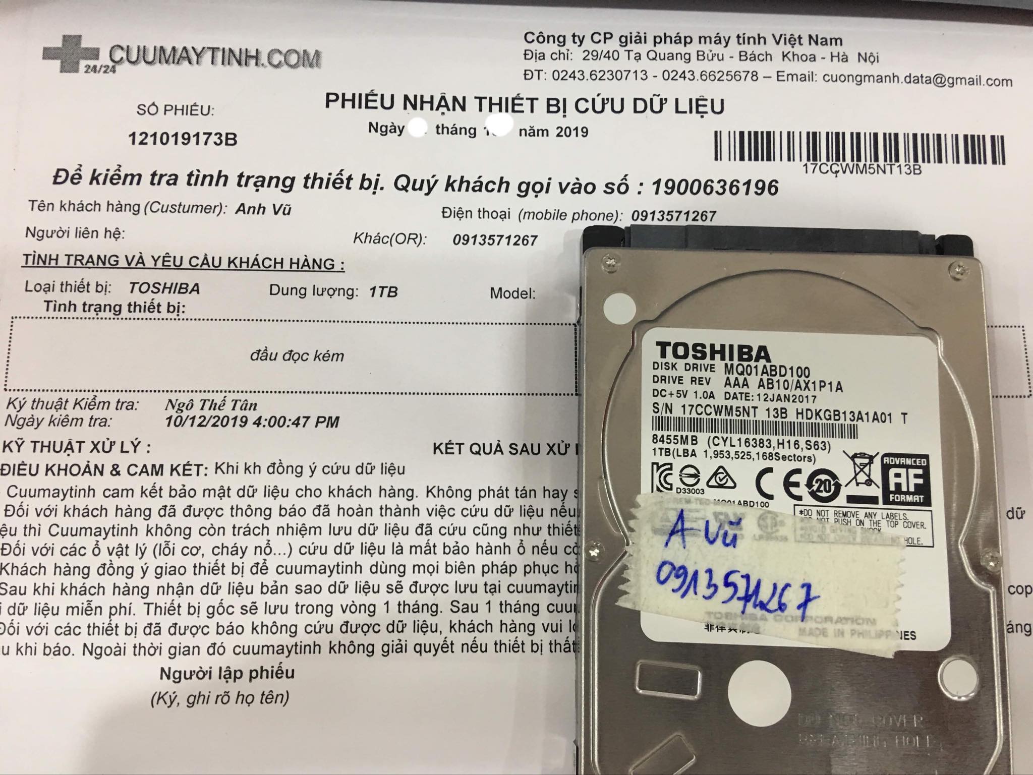 Phục hồi dữ liệu ổ cứng Toshiba 1TB đầu đọc kém 02/11/2019 - cuumaytinh