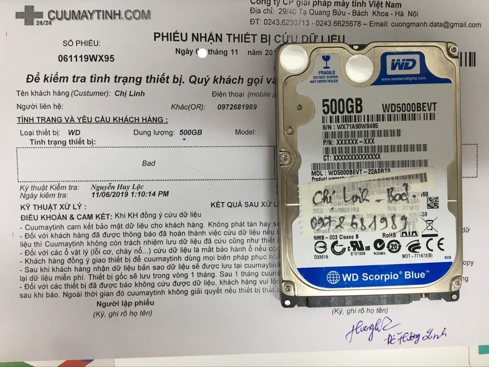 Cứu dữ liệu ổ cứng Western 500GB bad 15/11/2019 - cuumaytinh