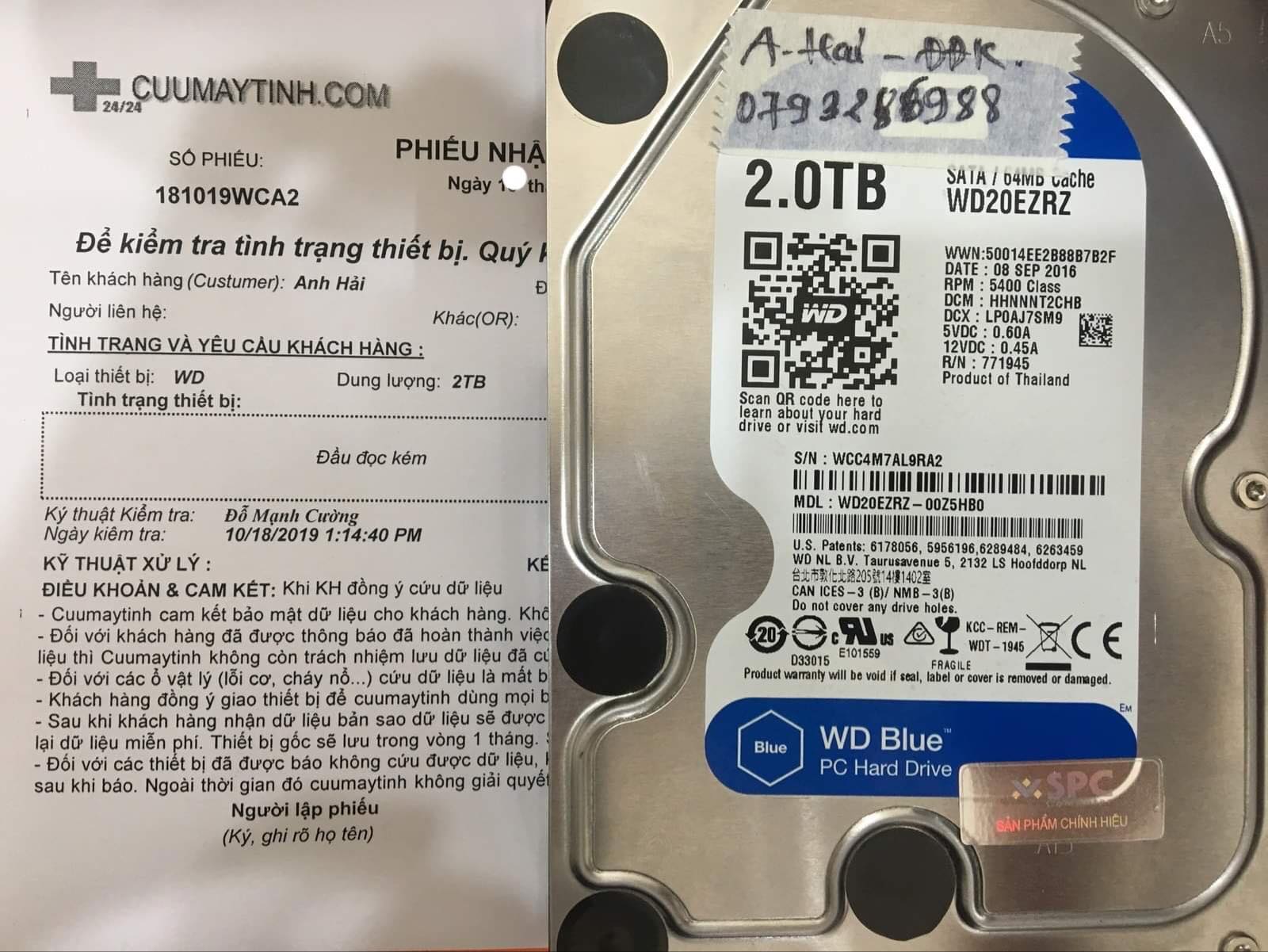 Khôi phục dữ liệu ổ cứng Western 2TB đầu đọc kém  01/11/2019 - cuumaytinh