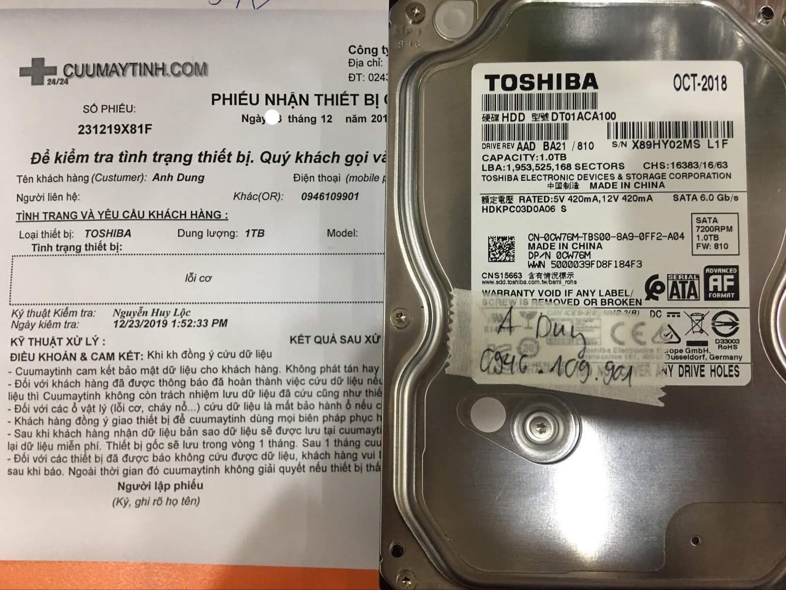 Cứu dữ liệu ổ cứng Toshiba 500GB lỗi cơ 26/12/2019 - cuumaytinh