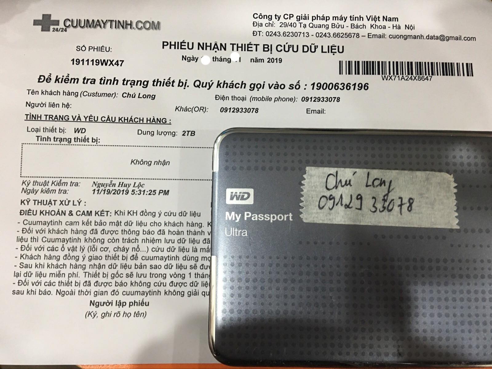 Lấy dữ liệu ổ cứng Western 1TB không nhận 02/12/2019 - cuumaytinh