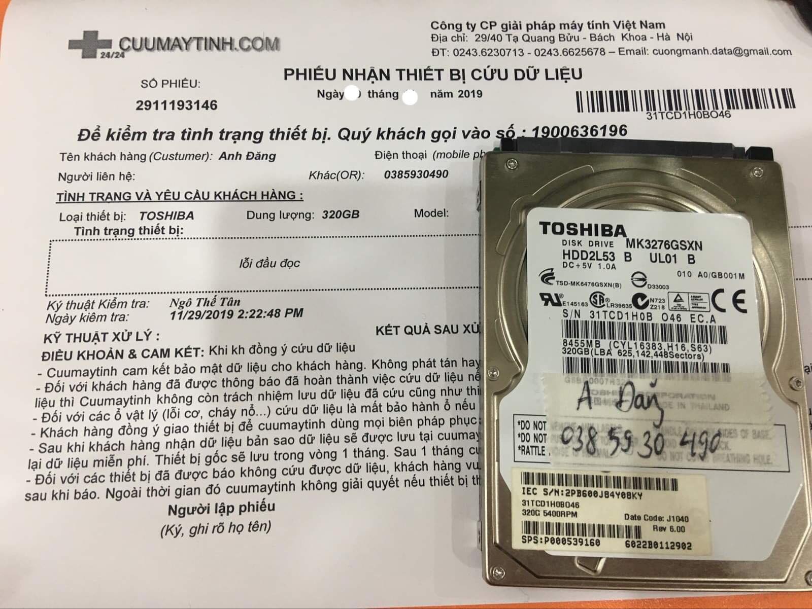 Cứu dữ liệu ổ cứng Toshiba 320GB lỗi đầu đọc 18/12/2019 - cuumaytinh