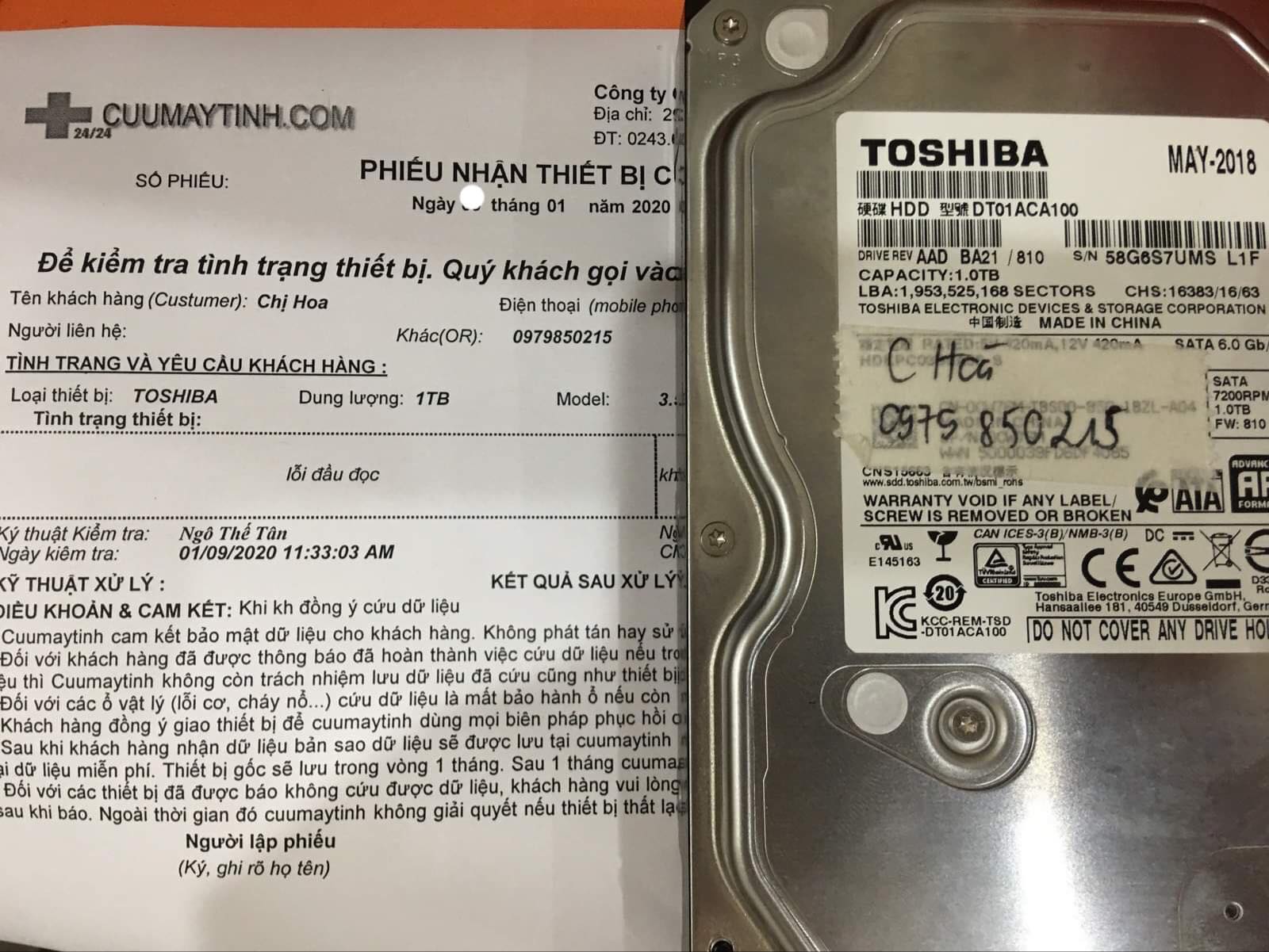 Cứu dữ liệu ổ cứng Toshiba 1TB lỗi đầu đọc 16/01/2020 - cuumaytinh