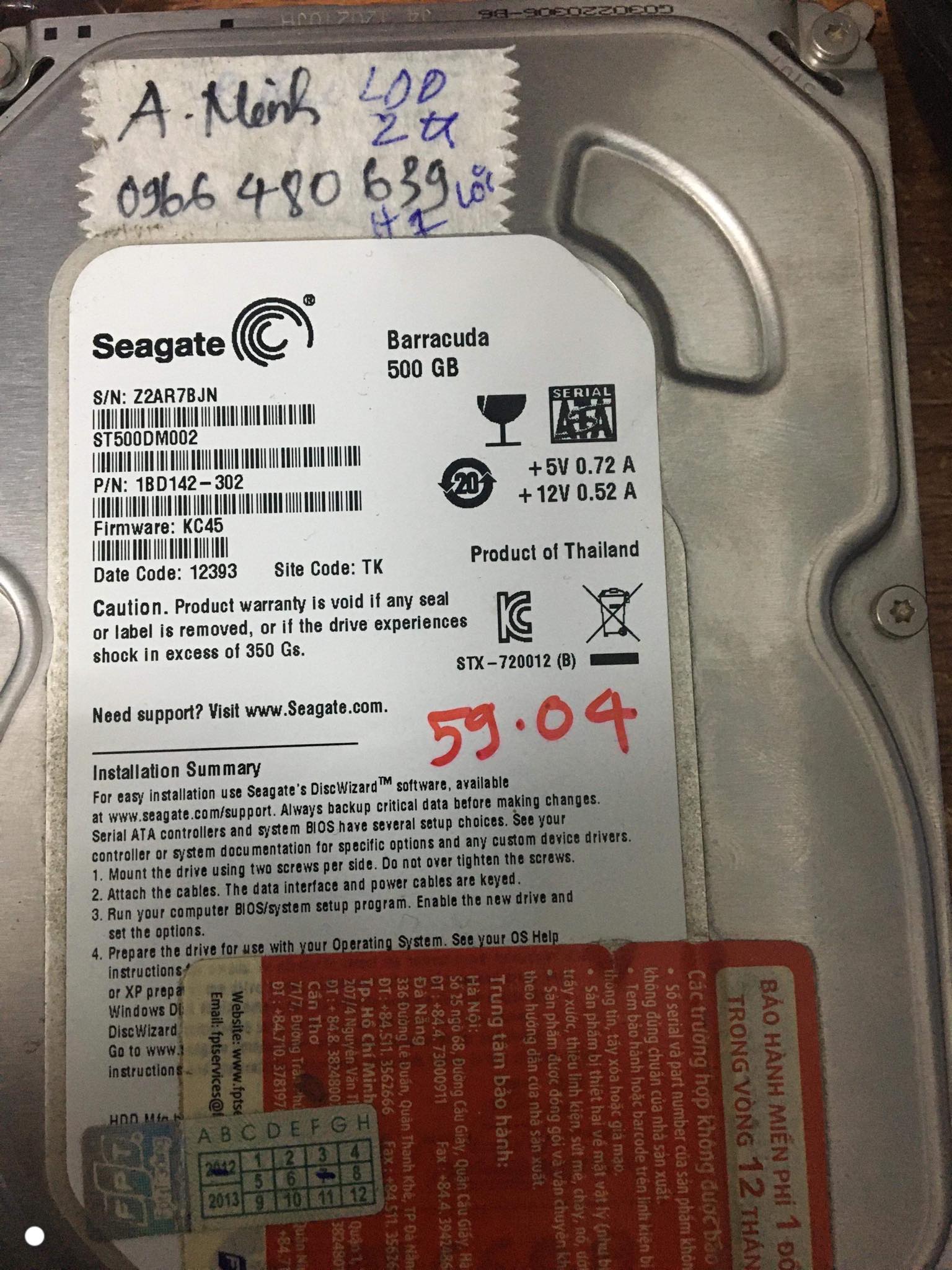 Khôi phục dữ liệu ổ cứng Seagate 500GB lỗi đầu đọc 20/01/2020 - cuumaytinh