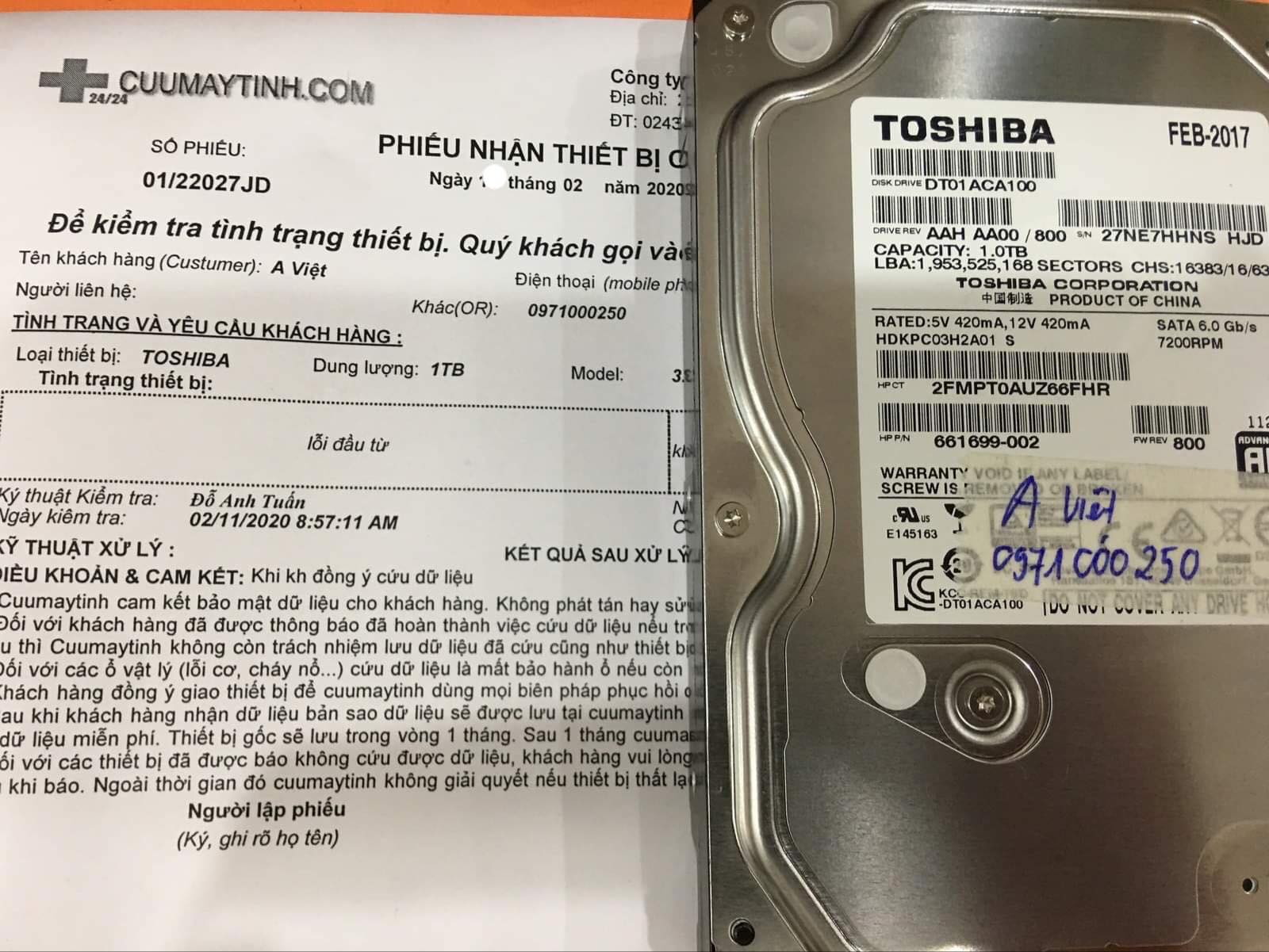 Khôi phục dữ liệu ổ cứng Toshiba 1TB lỗi đầu đọc 13/02/2020 - cuumaytinh