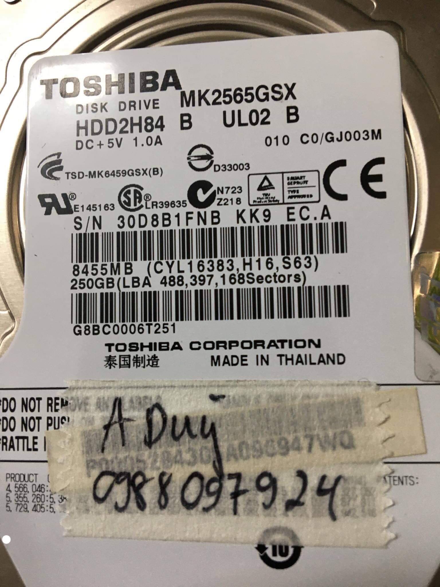 Lấy dữ liệu ổ cứng Toshiba 250GB bad 18/01/2020 - cuumaytinh