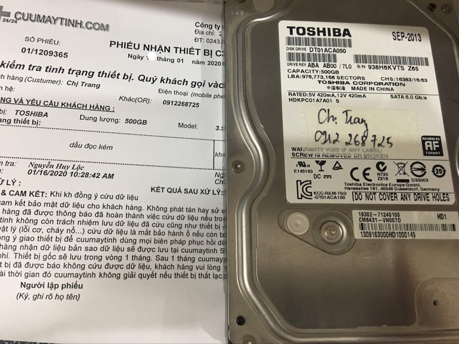 Cứu dữ liệu ổ cứng Toshiba 500GB đầu đọc kém 18/01/2020 - cuumaytinh