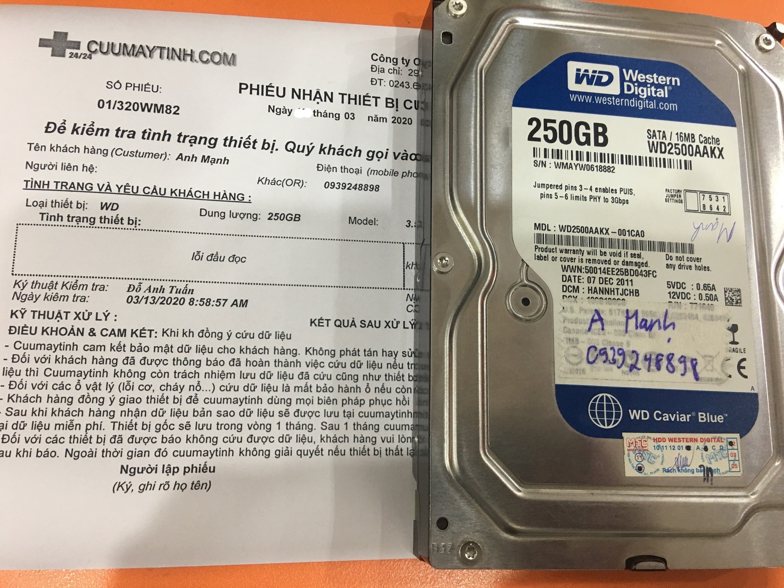 Khôi phục dữ liệu ổ cứng Western 250GB lỗi đầu đọc 18/03/2020 - cuumaytinh