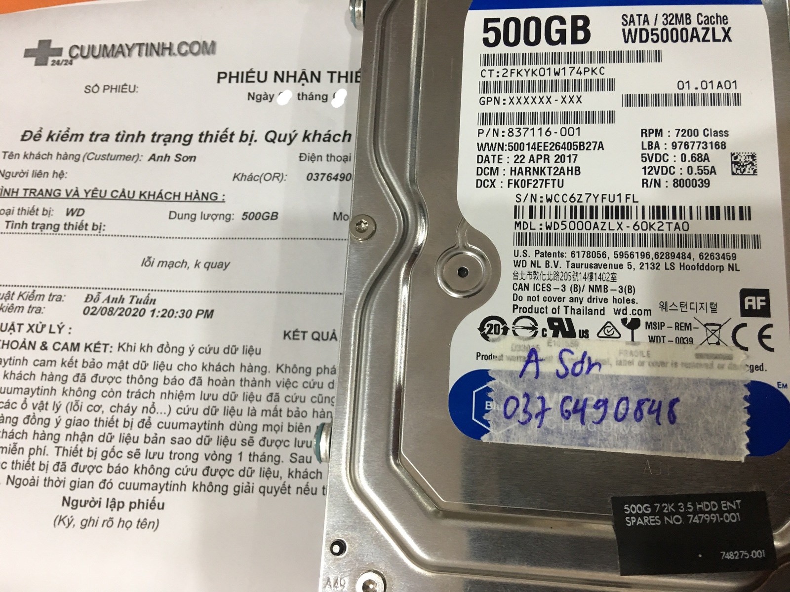 Khôi phục dữ liệu ổ cứng Western 500GB không quay 12/03/2020 - cuumaytinh
