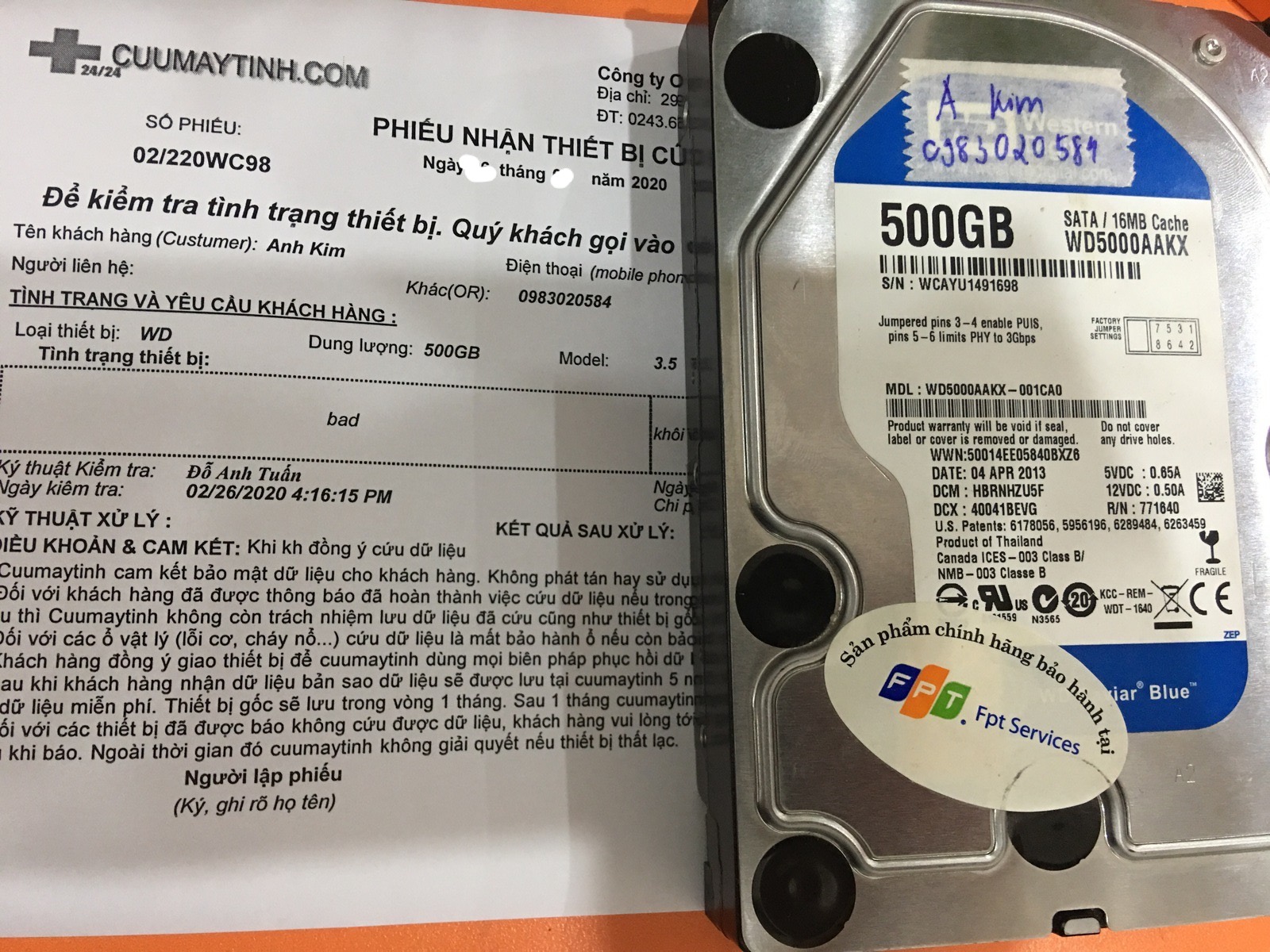 Khôi phục dữ liệu ổ cứng Western 500GB bad 04/03/2020 - cuumaytinh